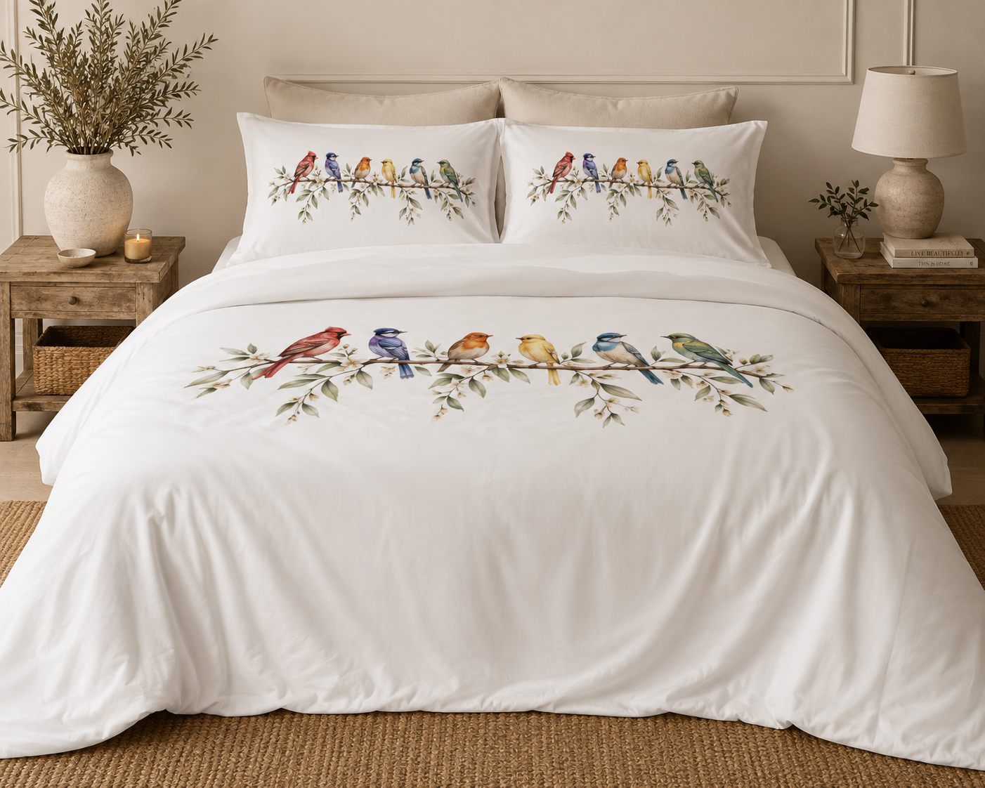 Bird Duvet Cover Set | Watercolor Songbird Bedding - Botanical Bird Comforter Cover - Nature Lover Bedroom Decor - Cottagecore Bedding - Solen
