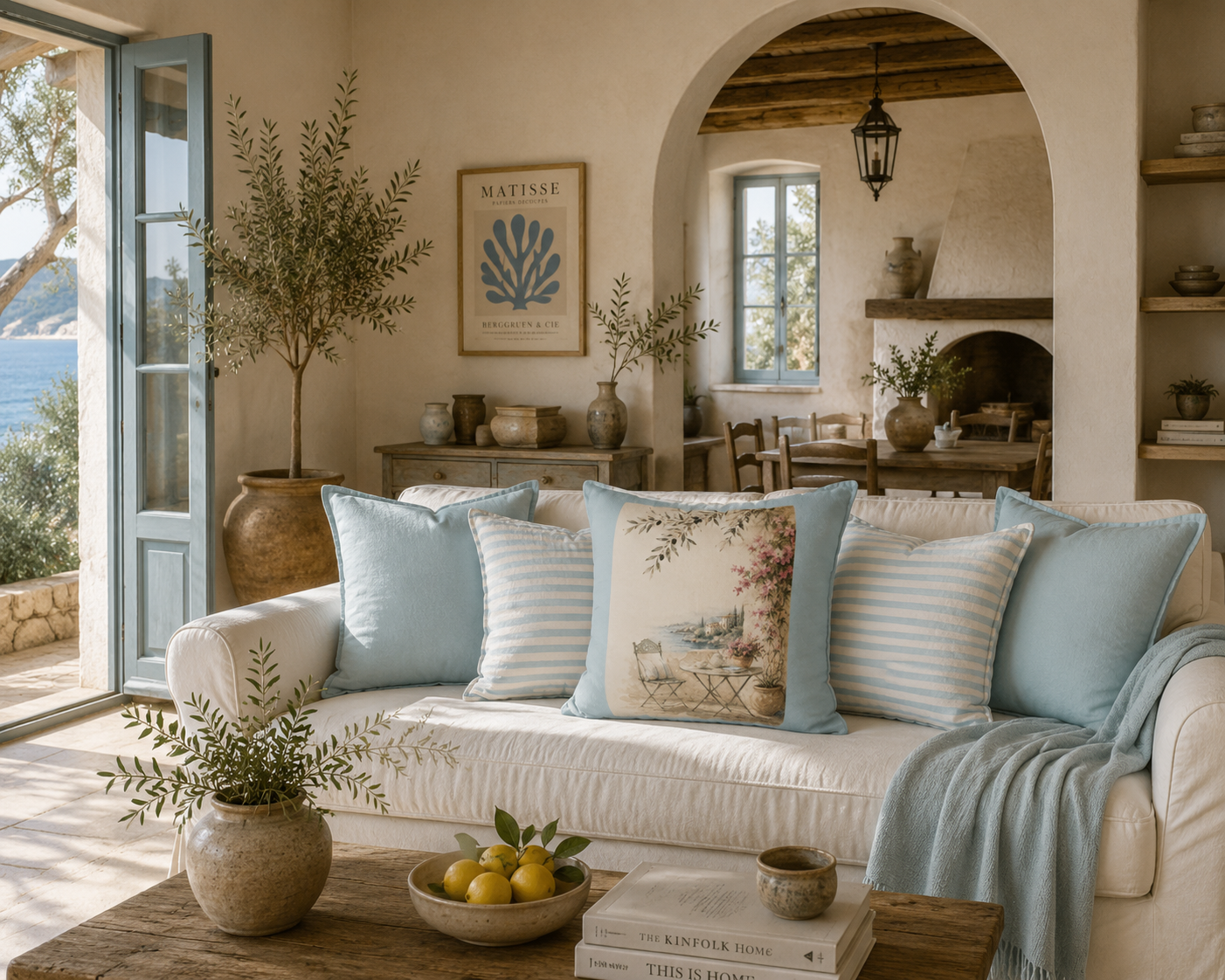 Riviera Terrace Throw Pillow Cover | Mediterranean Coastal Cushion | Vintage Watercolor Seaside Decor | Olive Branch Floral Accent Pillow , Solen