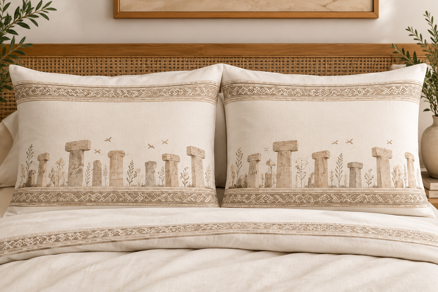 Göbeklitepe Symbol Border Duvet Set, Ancient Anatolian Cotton Bedding, Neutral Beige Bedroom Decor, Historical Bed Set, Solen