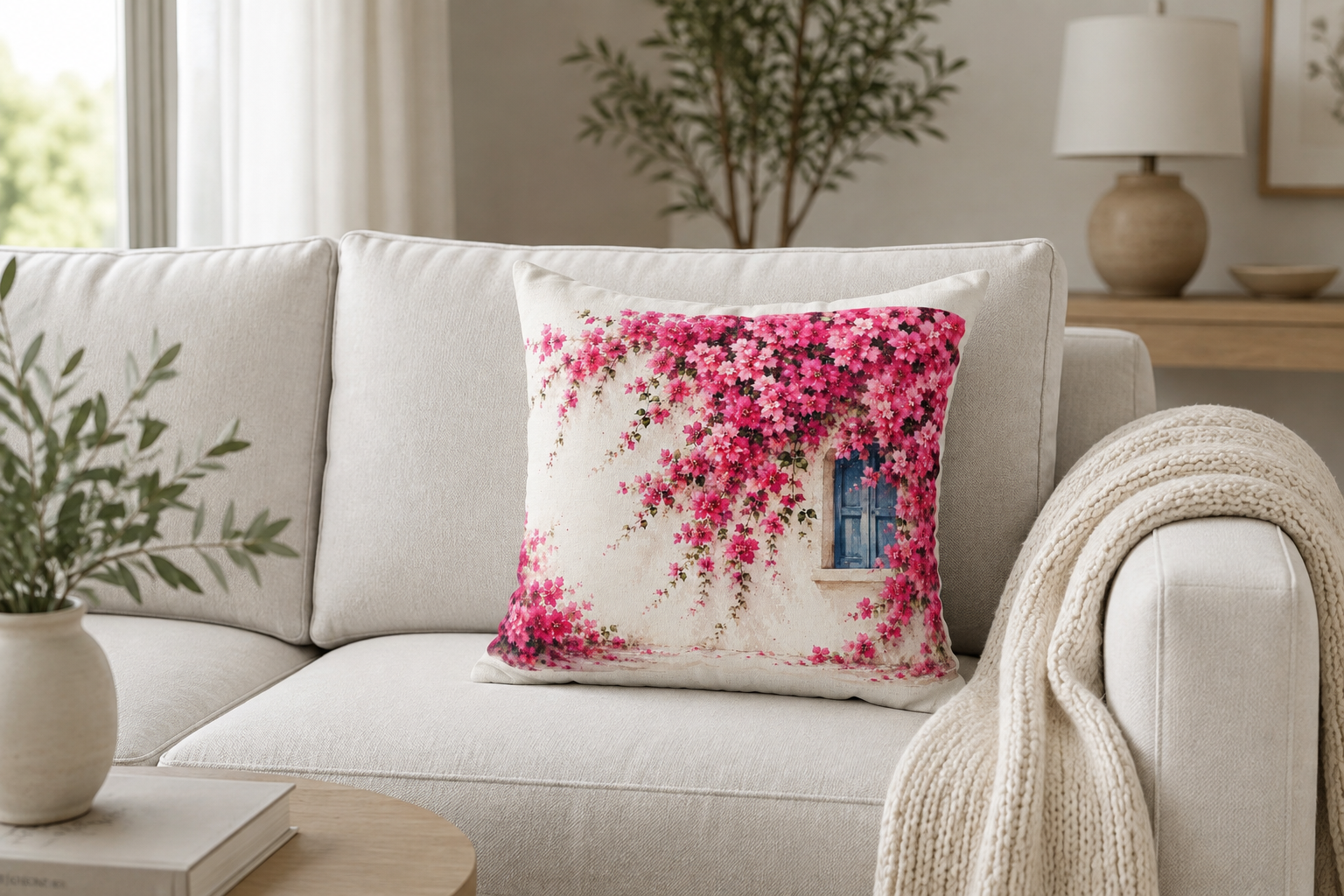 Bougainvillea Floral Pillow Cover, Mediterranean Window Design, Pink Flower Throw Pillow, Coastal Cottage Decor, Solen
