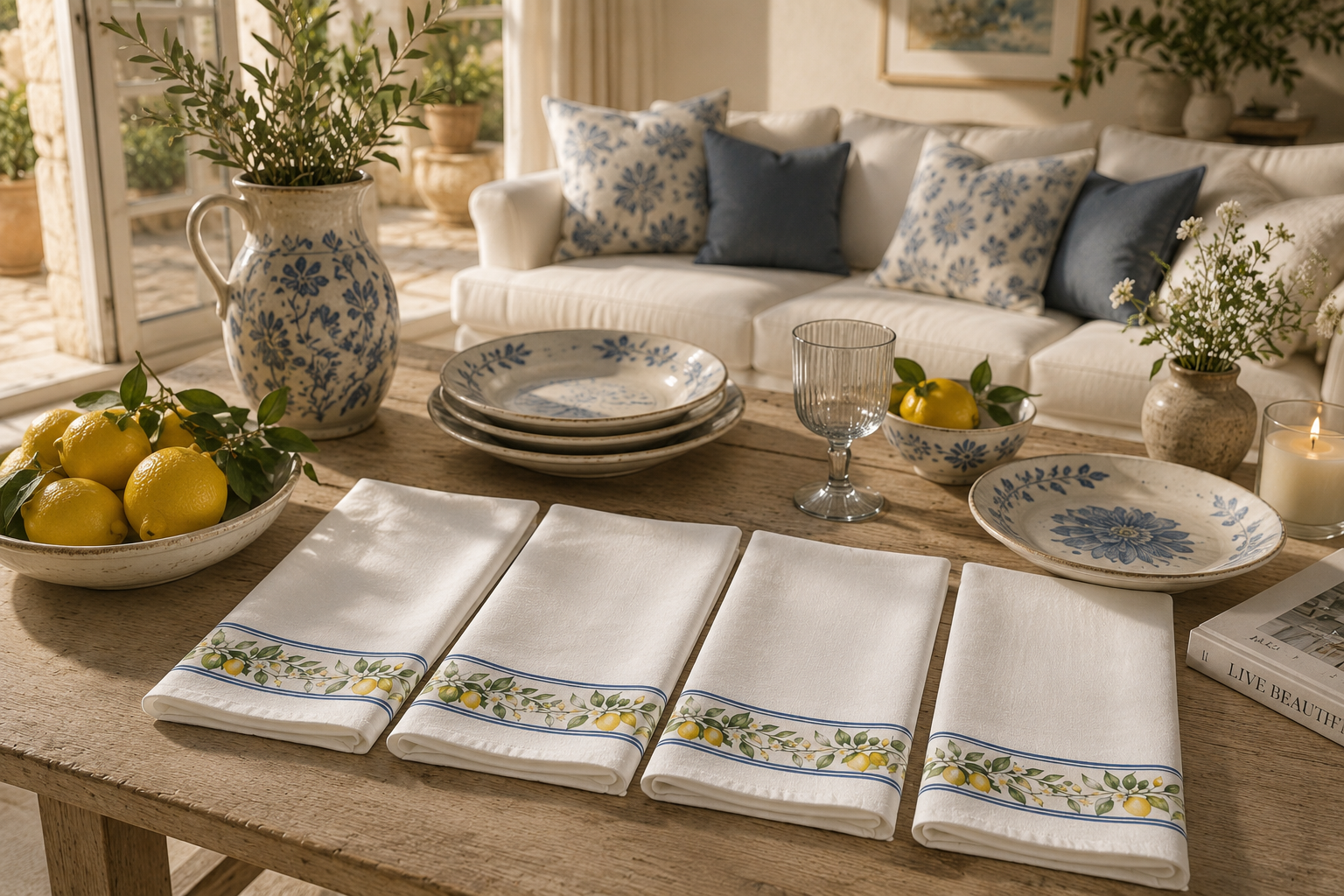 Golden Lemon Napkin Set of 4, Cotton Cloth Dinner Napkins, Mediterranean Citrus Table Decor, Summer Dining Linen, Solen