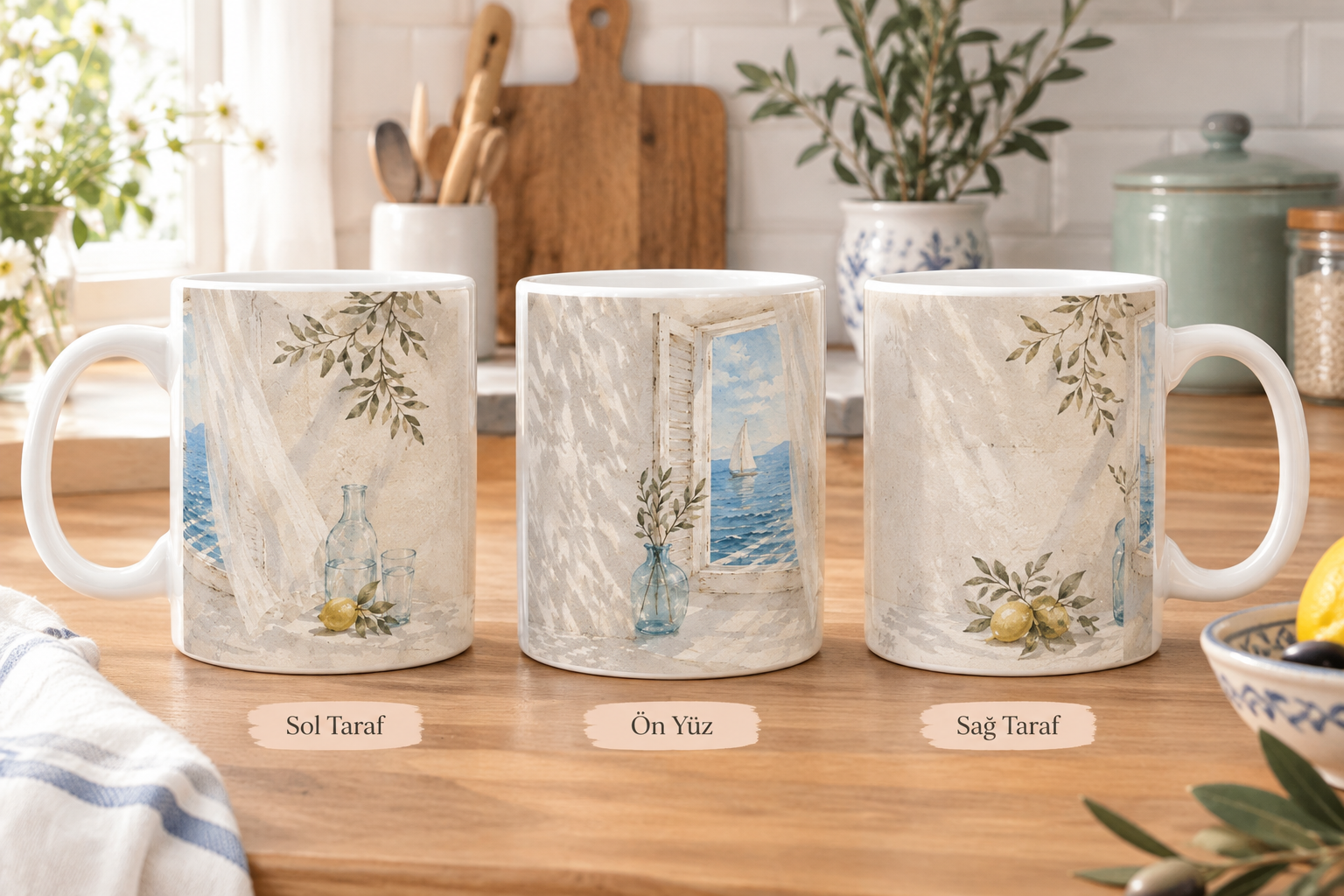Mediterranean Coastal Mug, Seaside Window Coffee Cup, Watercolor Ocean Mug, Greek Island Kitchen Decor, Coastal Gift