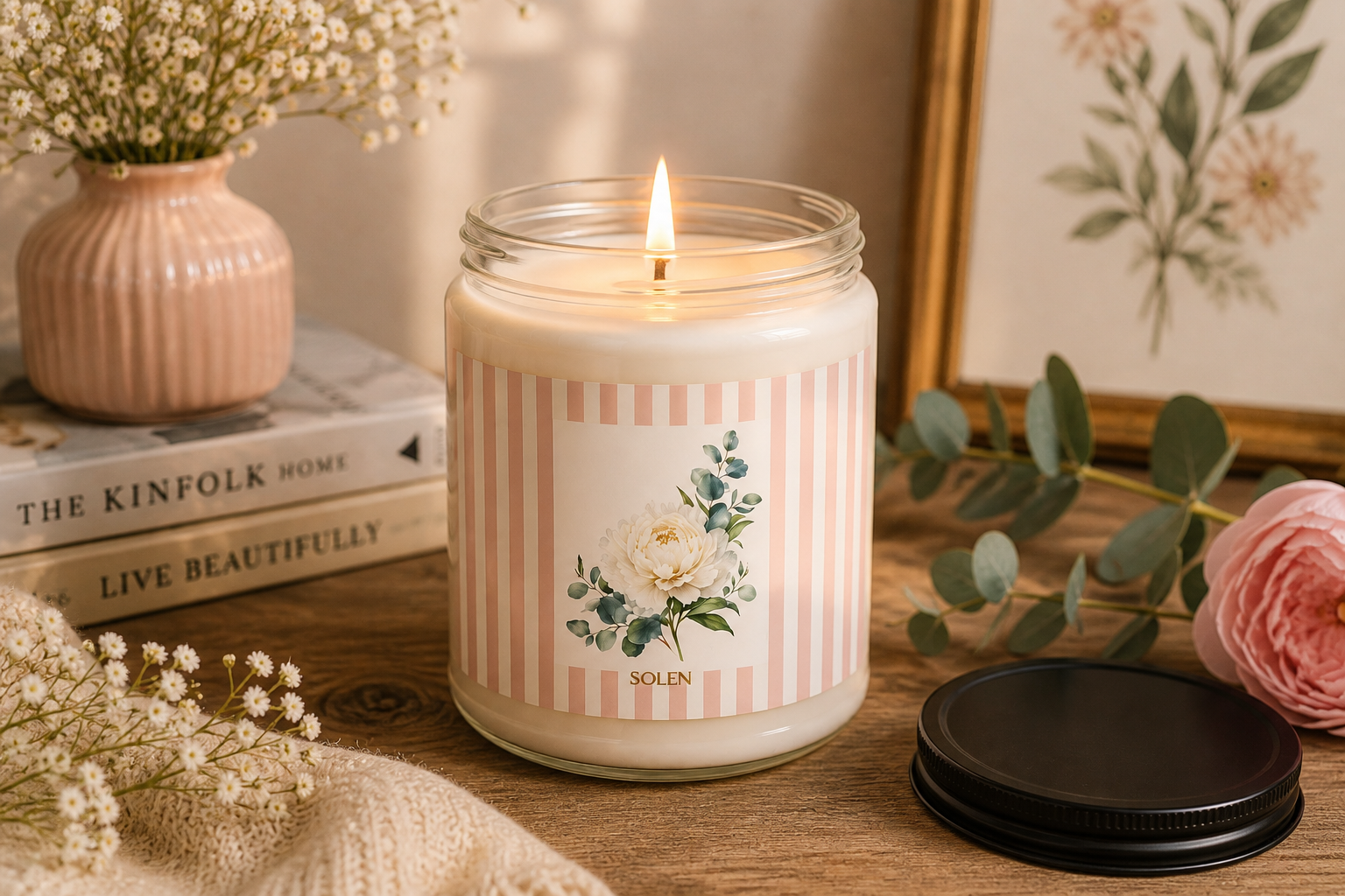 Pink Peony Scented Candle, Romantic Floral Soy Jar Candle, Botanical Home Fragrance, Gift for Her, Solen