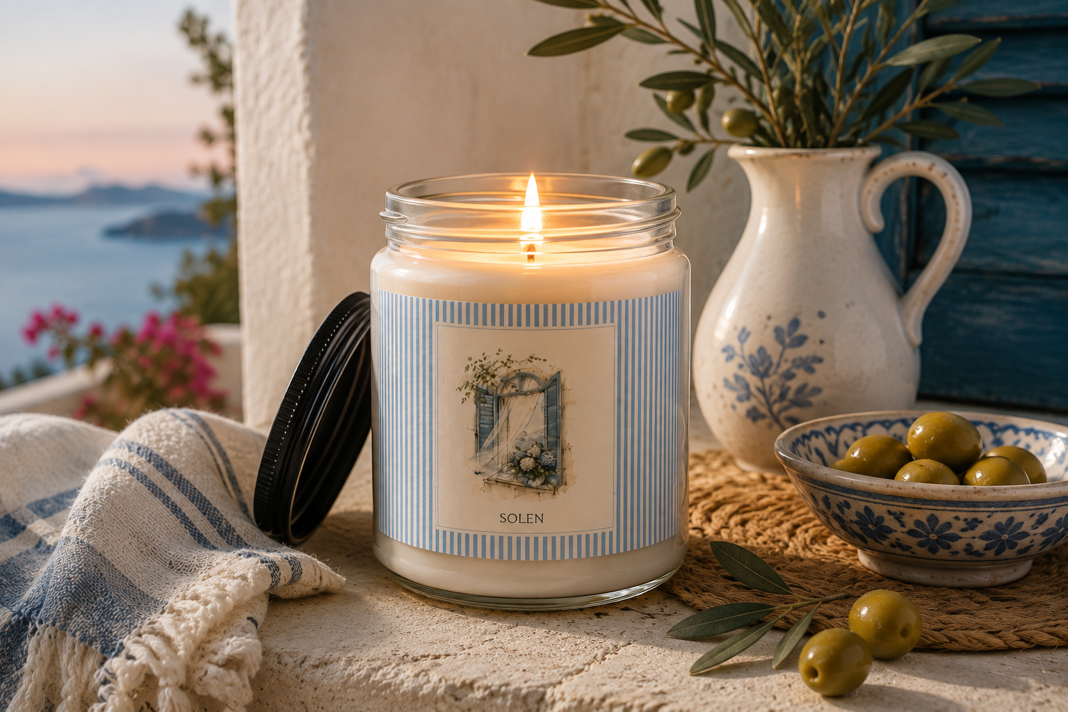 Mediterranean Coastal Soy Candle, Seaside Scented Jar Candle, Blue Ocean Home Fragrance, Coastal Housewarming Gift, Solen