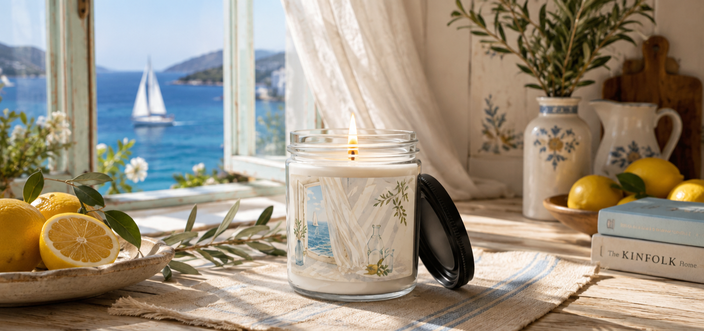 Mediterranean Soy Candle, Olive & Citrus Scented Jar Candle, Coastal Home Fragrance, Housewarming Gift, Solen