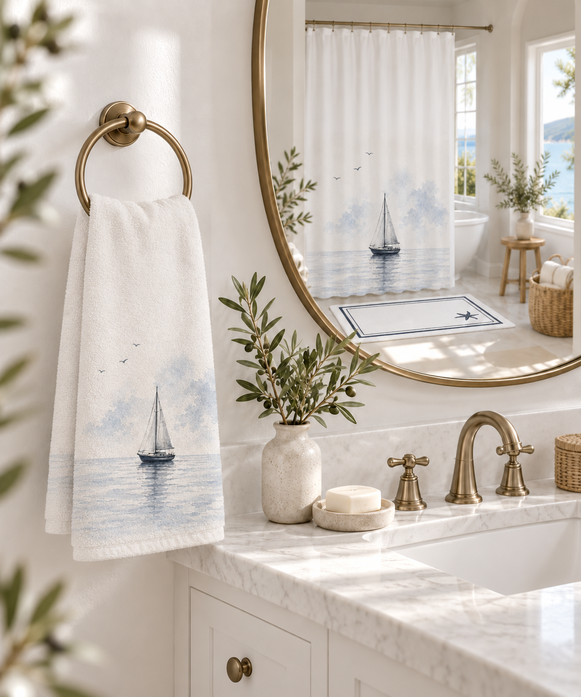 Watercolor Sailboat Hand Towel, Coastal Blue Nautical Bathroom Decor, Solen
