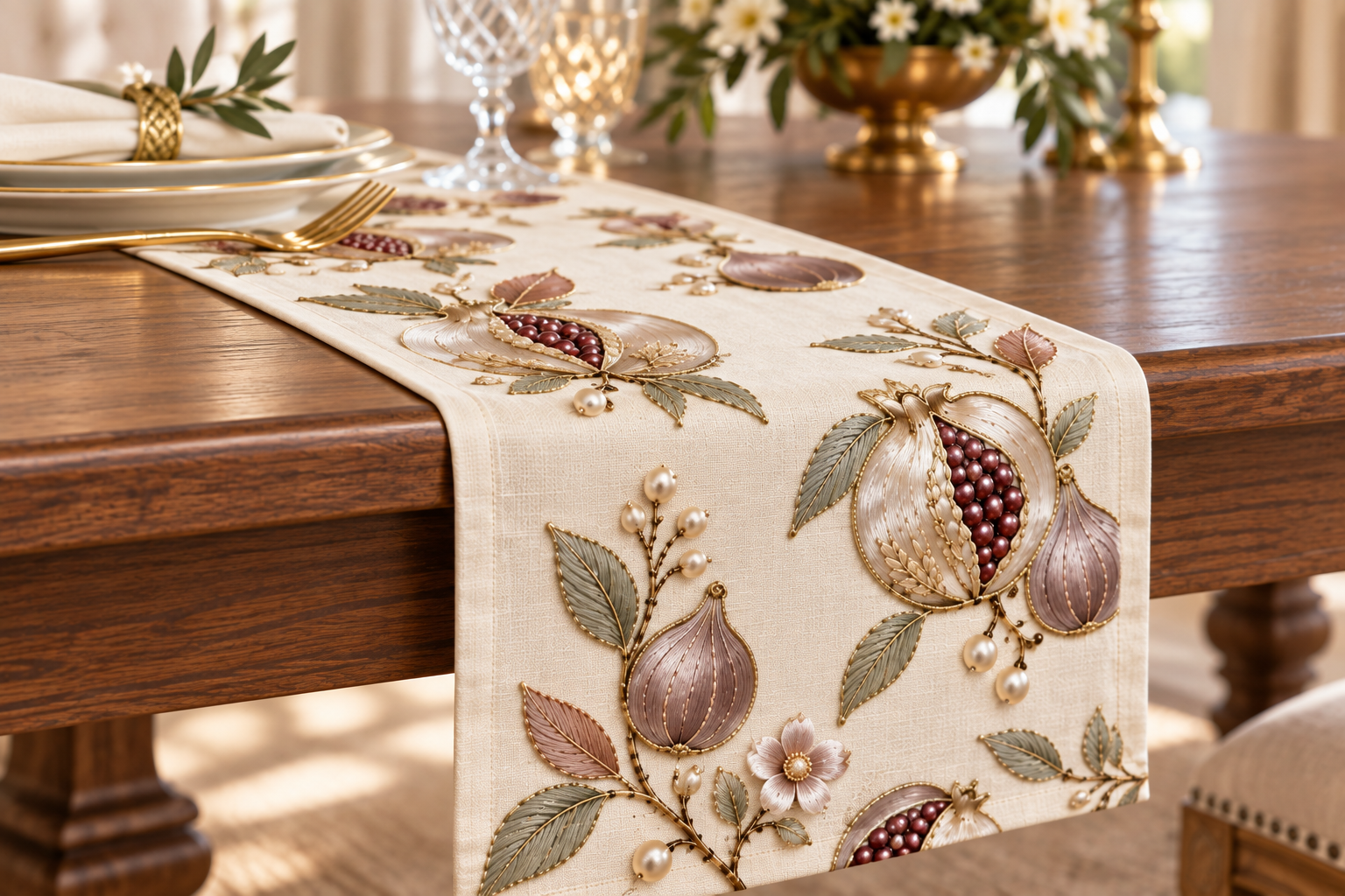 Embroidered Pomegranate Table Runner, Fig Linen Table Runner, Pearl Beaded Mediterranean Table Decor, Gold Thread Dining Runner