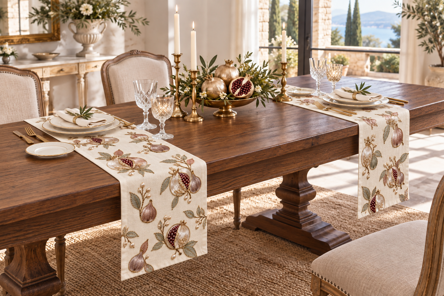 Embroidered Pomegranate Table Runner, Fig Linen Table Runner, Pearl Beaded Mediterranean Table Decor, Gold Thread Dining Runner