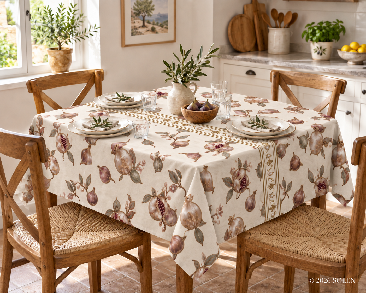 Elegant Square Pomegranate Tablecloth, Fig Botanical Kitchen Decor, Fall Hostess GiftThanksgiving Dinner Decor