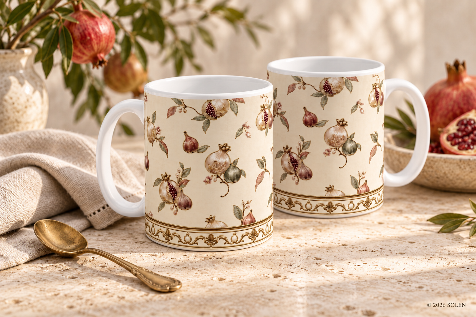 Pomegranate Mug, Antique Gold Botanical Coffee Cup, Elegant Mediterranean Fall Mug, Thanksgiving Gift, Neutral Kitchen Decor
