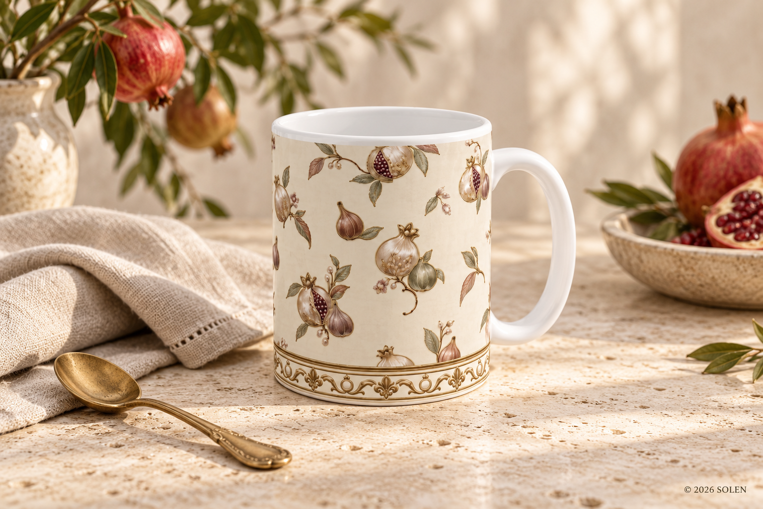 Pomegranate Mug, Antique Gold Botanical Coffee Cup, Elegant Mediterranean Fall Mug, Thanksgiving Gift, Neutral Kitchen Decor