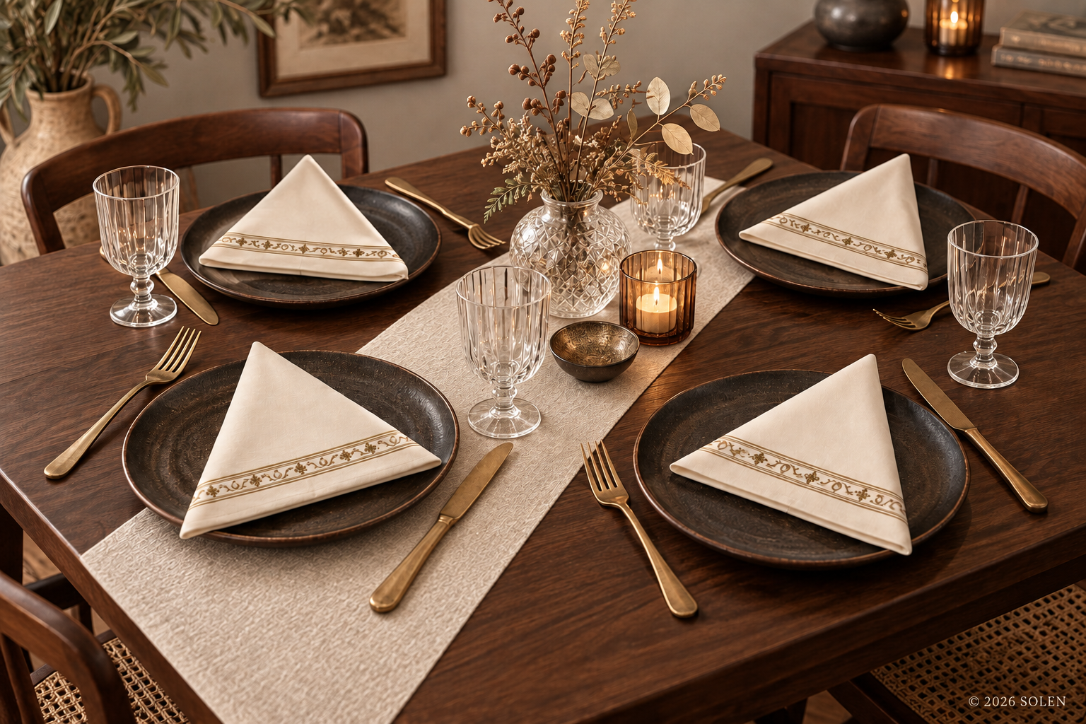 Ivory and Antique Gold Napkins Set of 4, Elegant Cloth Dinner Napkins, Luxury Wedding and Thanksgiving Table Decor