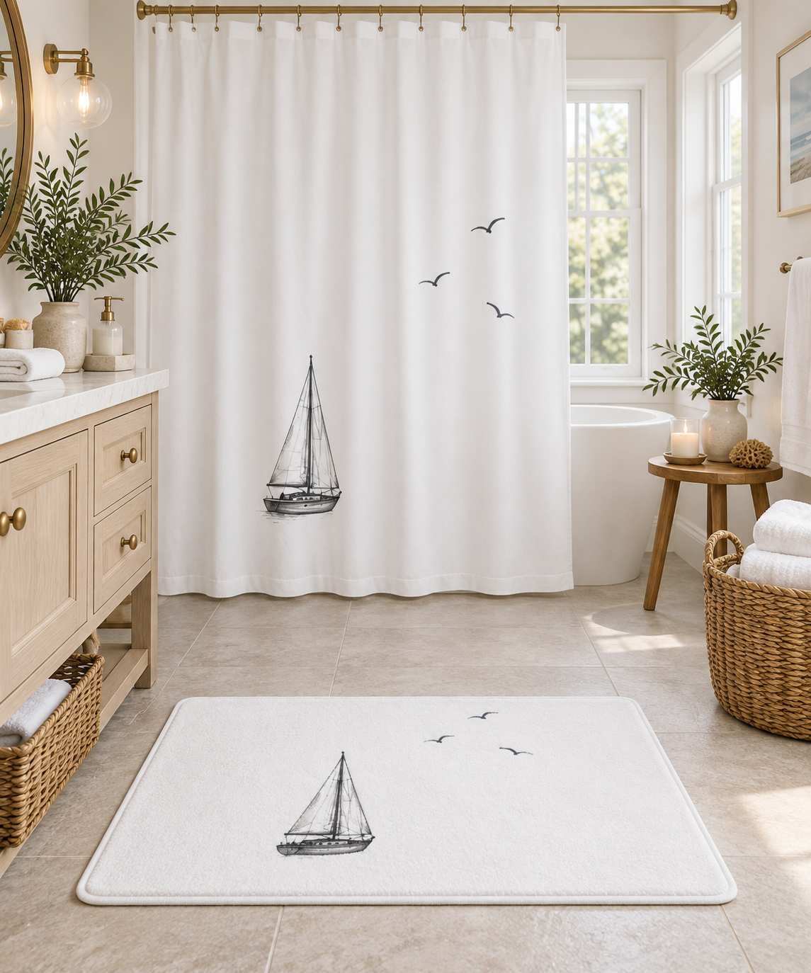 Sailboat Sketch Bath Mat — Nautical Bathroom Rug - Solen