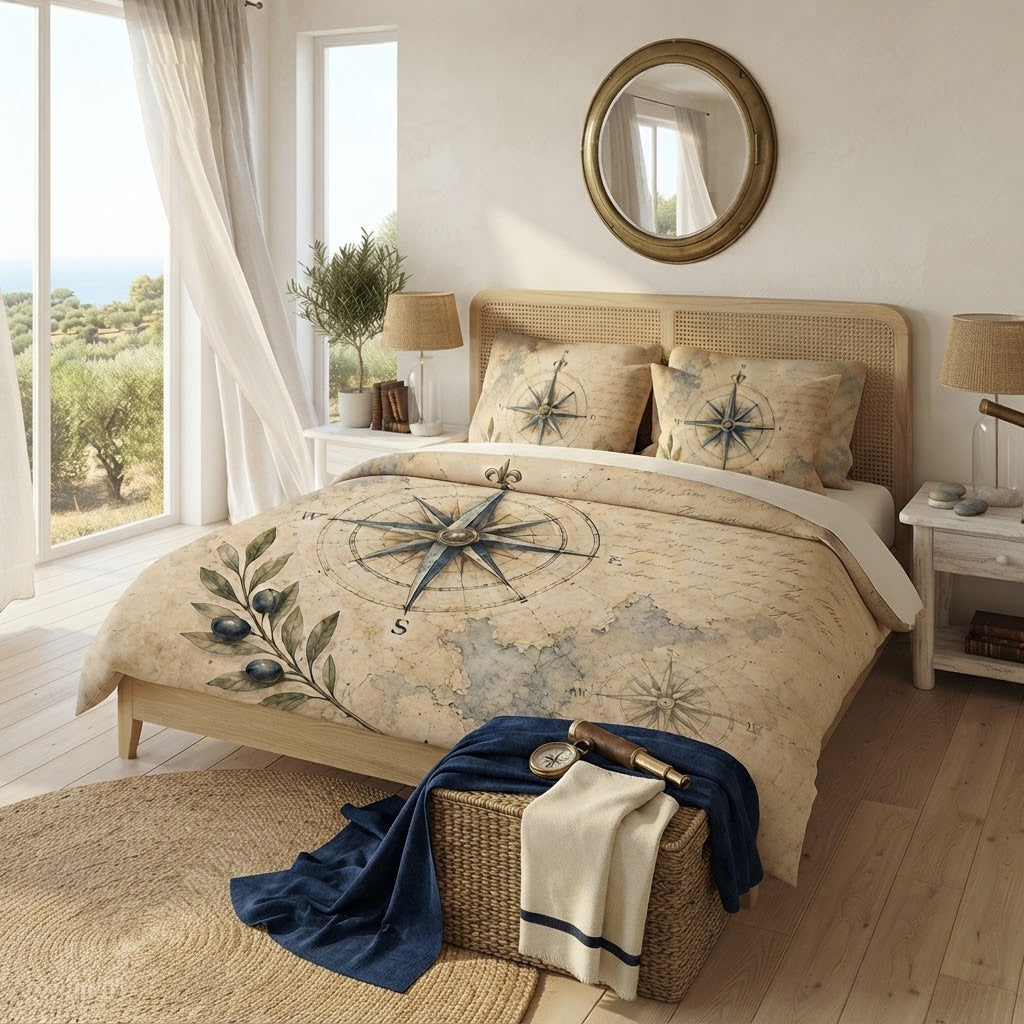 Old Compass Queen Duvet Cover Set, Vintage Nautical Cotton Bedding, Compass Rose Design, 2 Pillow Shams