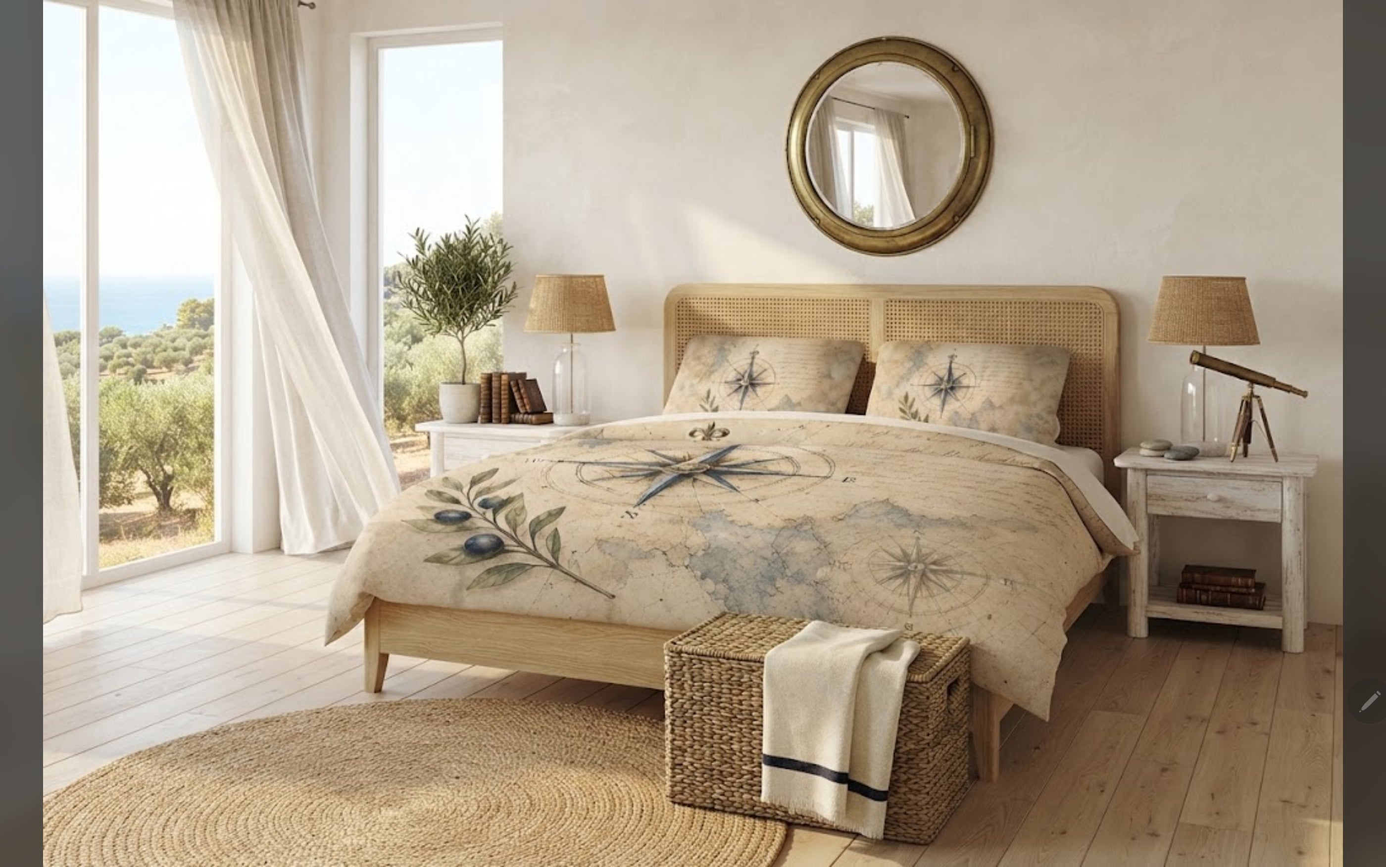 Old Compass Queen Duvet Cover Set, Vintage Nautical Cotton Bedding, Compass Rose Design, 2 Pillow Shams