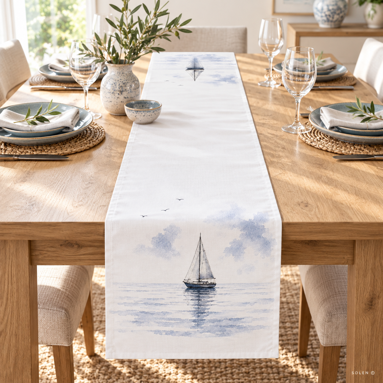 Sailboat Table Runner, Coastal Table Decor, Nautical Watercolor Runner, Blue White Dining Table Linen, Beach House Housewarming Gift