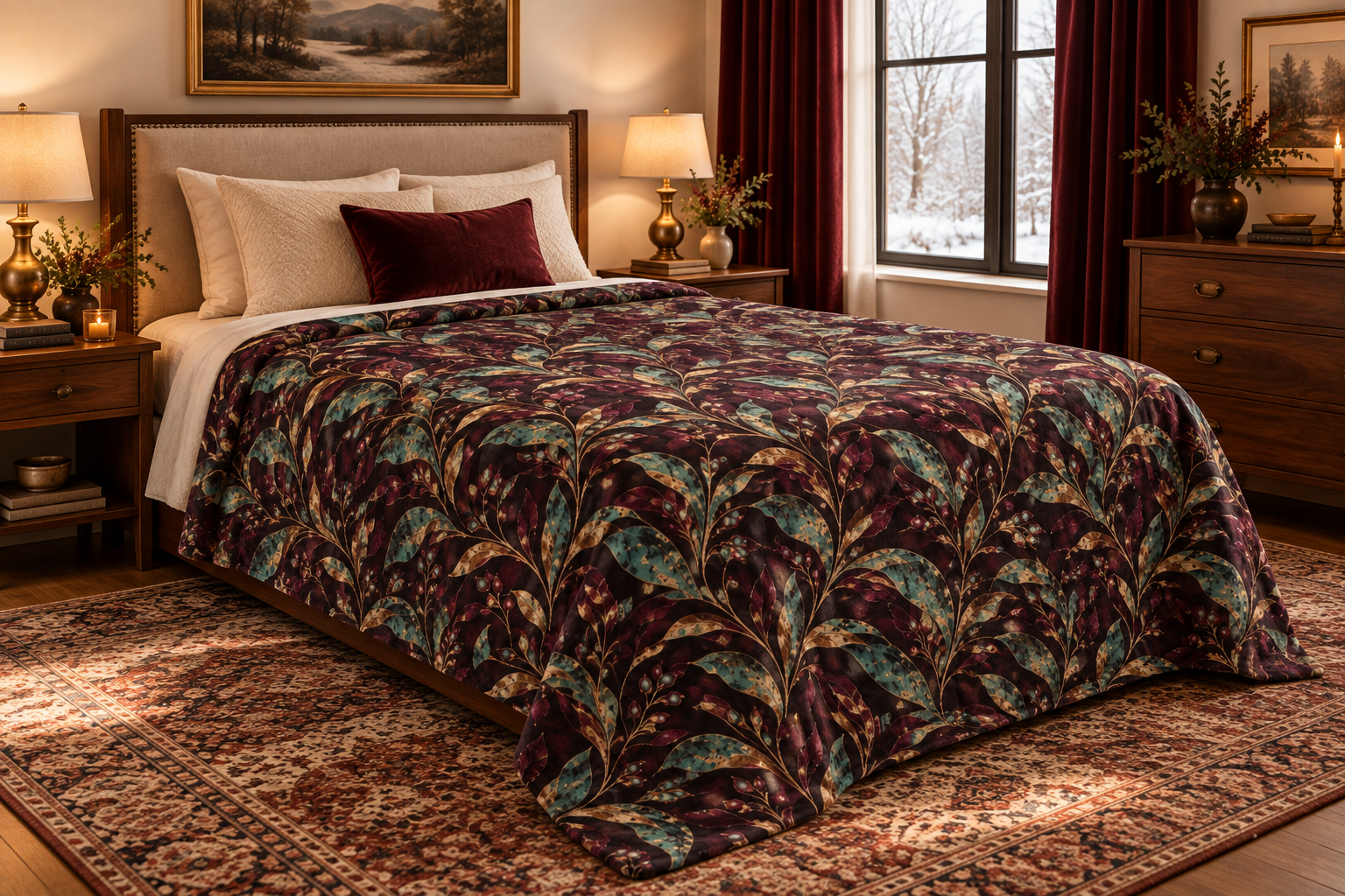 Burgundy Botanical Sherpa Fleece Blanket, Teal Gold Leaf Throw, Cozy Plush Blanket for Couch Bed, Housewarming Gift, Fall Home Decor