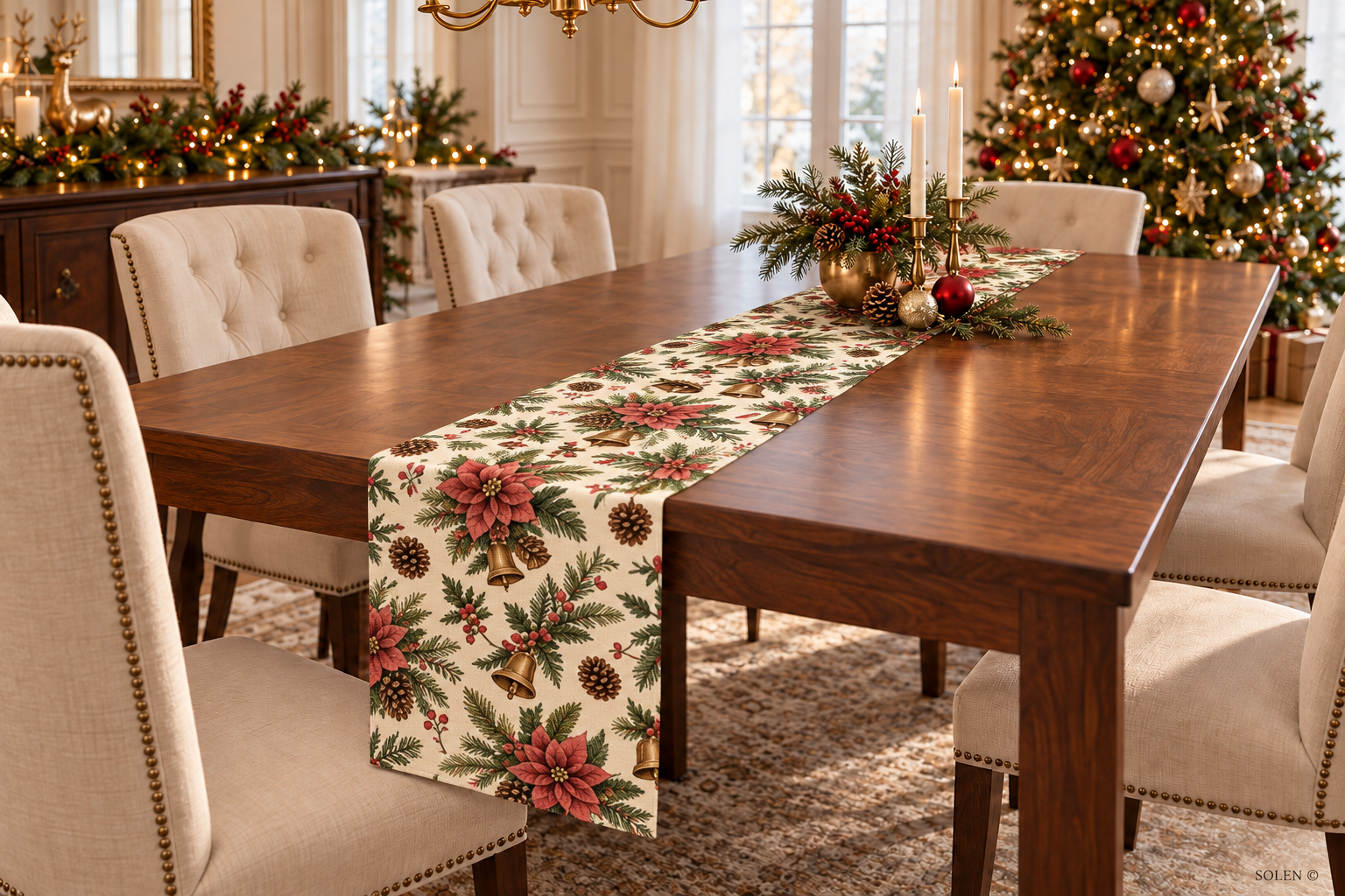 Christmas Table Runner, Poinsettia Pine Cone Holiday Runner, Festive Winter Dining Table Decor, Rustic Farmhouse Xmas Hostess Gift