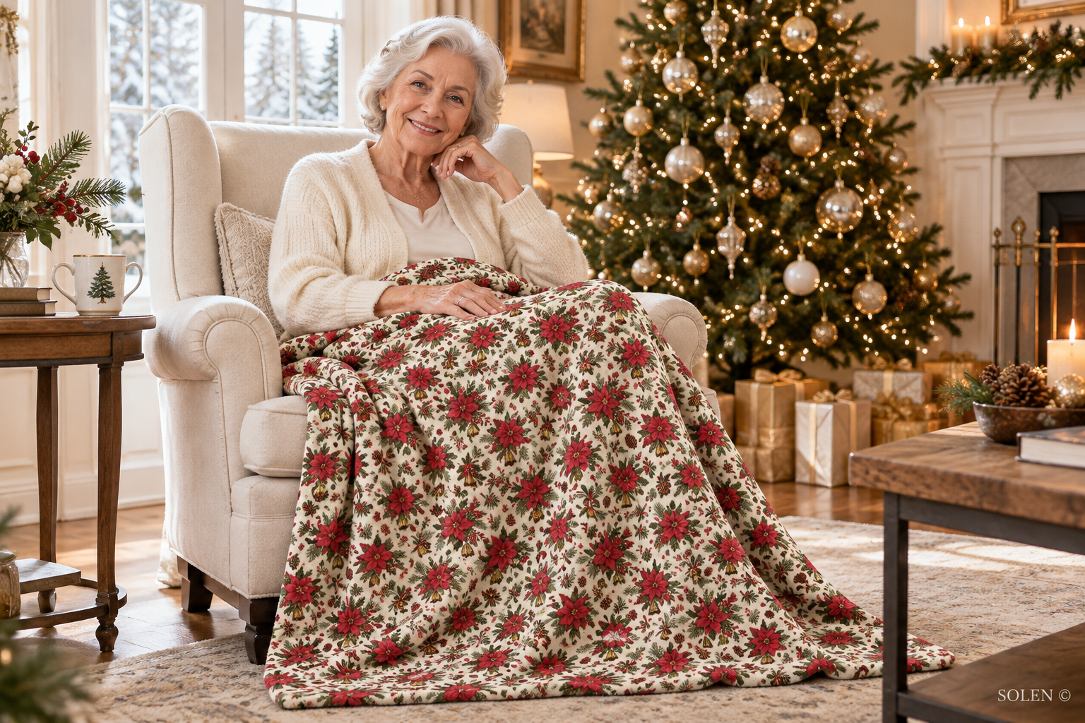 Velveteen Microfiber Blanket,Christmas Throw Blanket, Poinsettia Pine Cone Holiday Blanket, Cozy Winter Sofa Throw, Festive Xmas Bedroom Decor