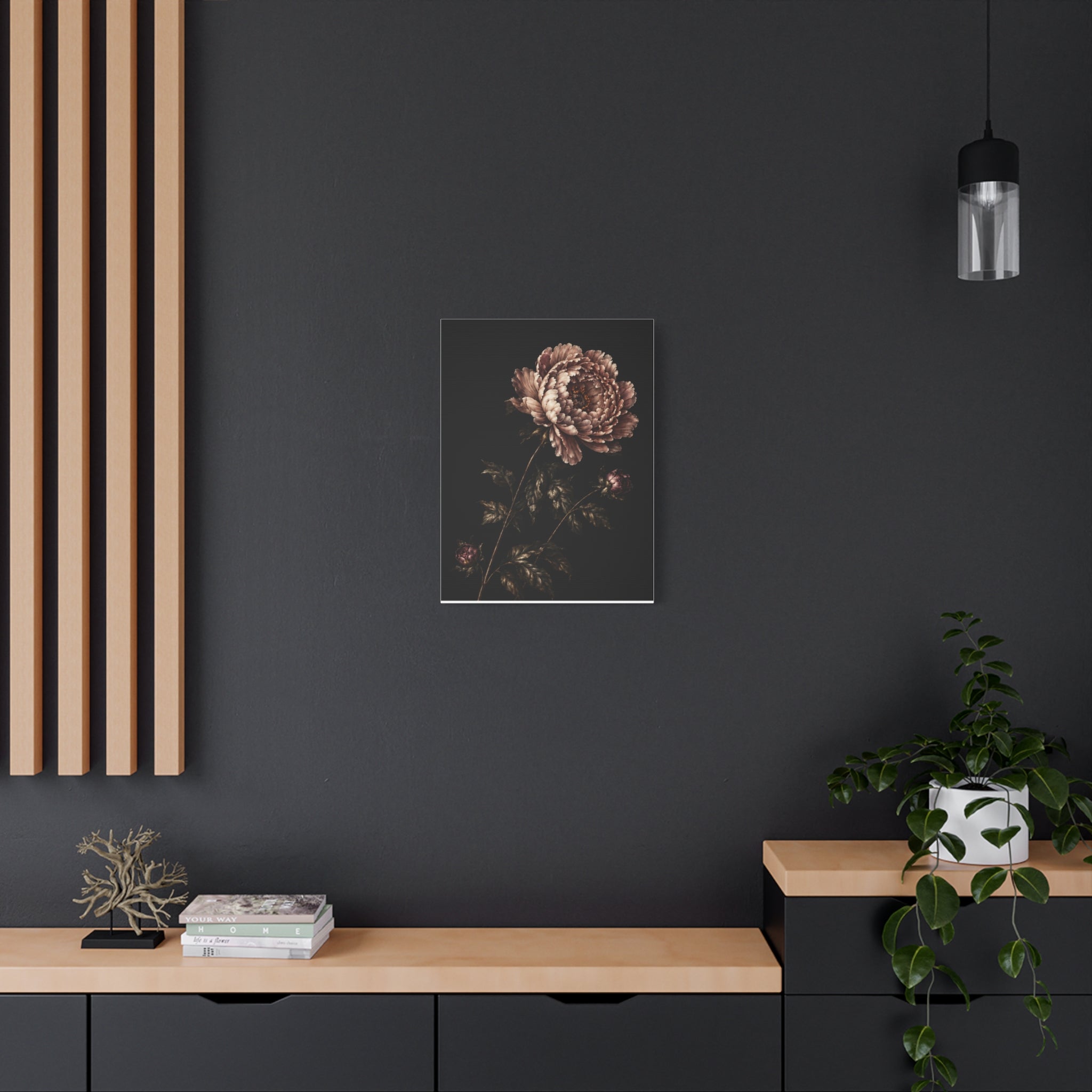 Blush Peony Canvas Wall Art, Velvet Botanical Print on Black, Romantic Floral Painting, Elegant Peony Wall Decor, Solen