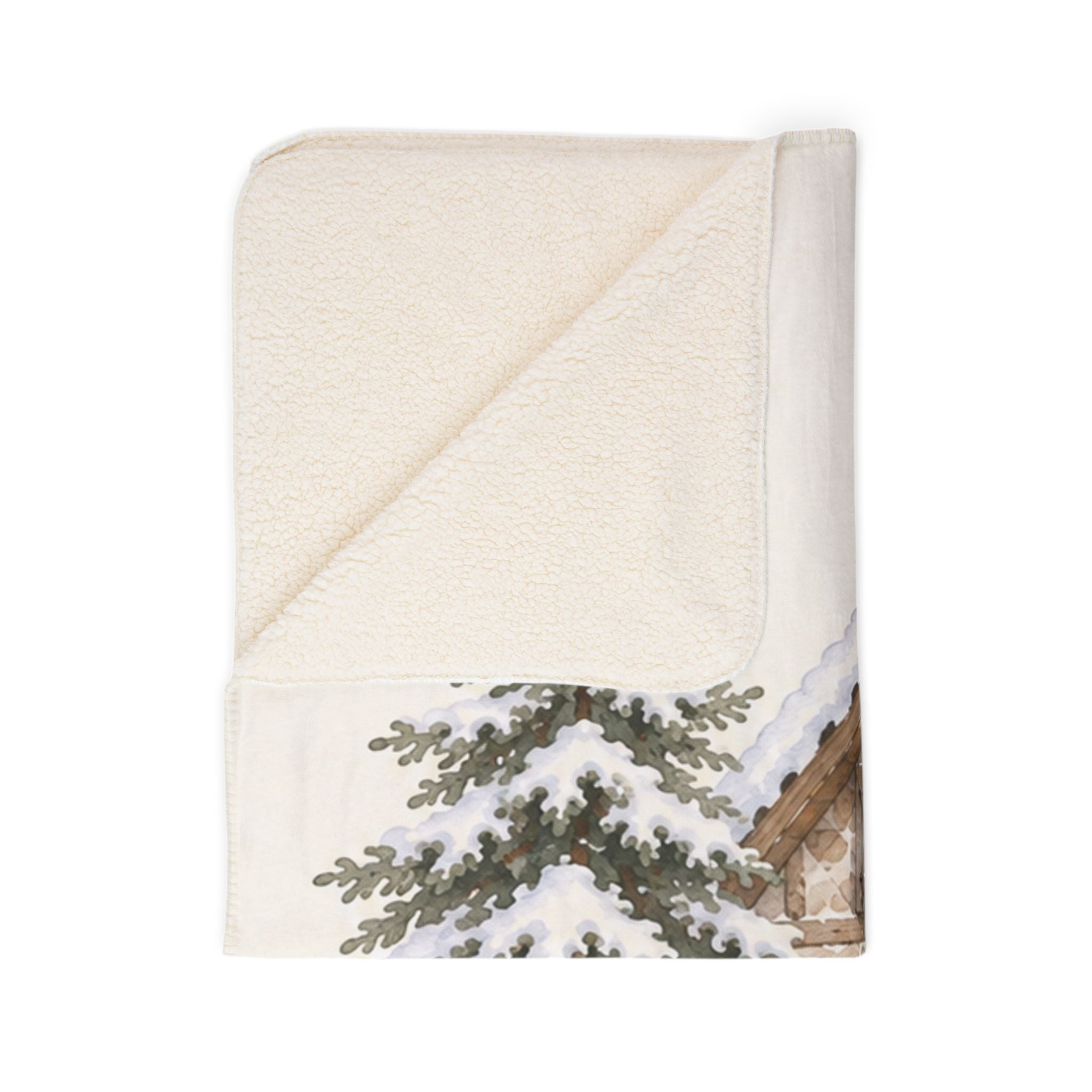 Snowy Cottage Sherpa Blanket — Cozy Christmas Cabin Throw with Snowman