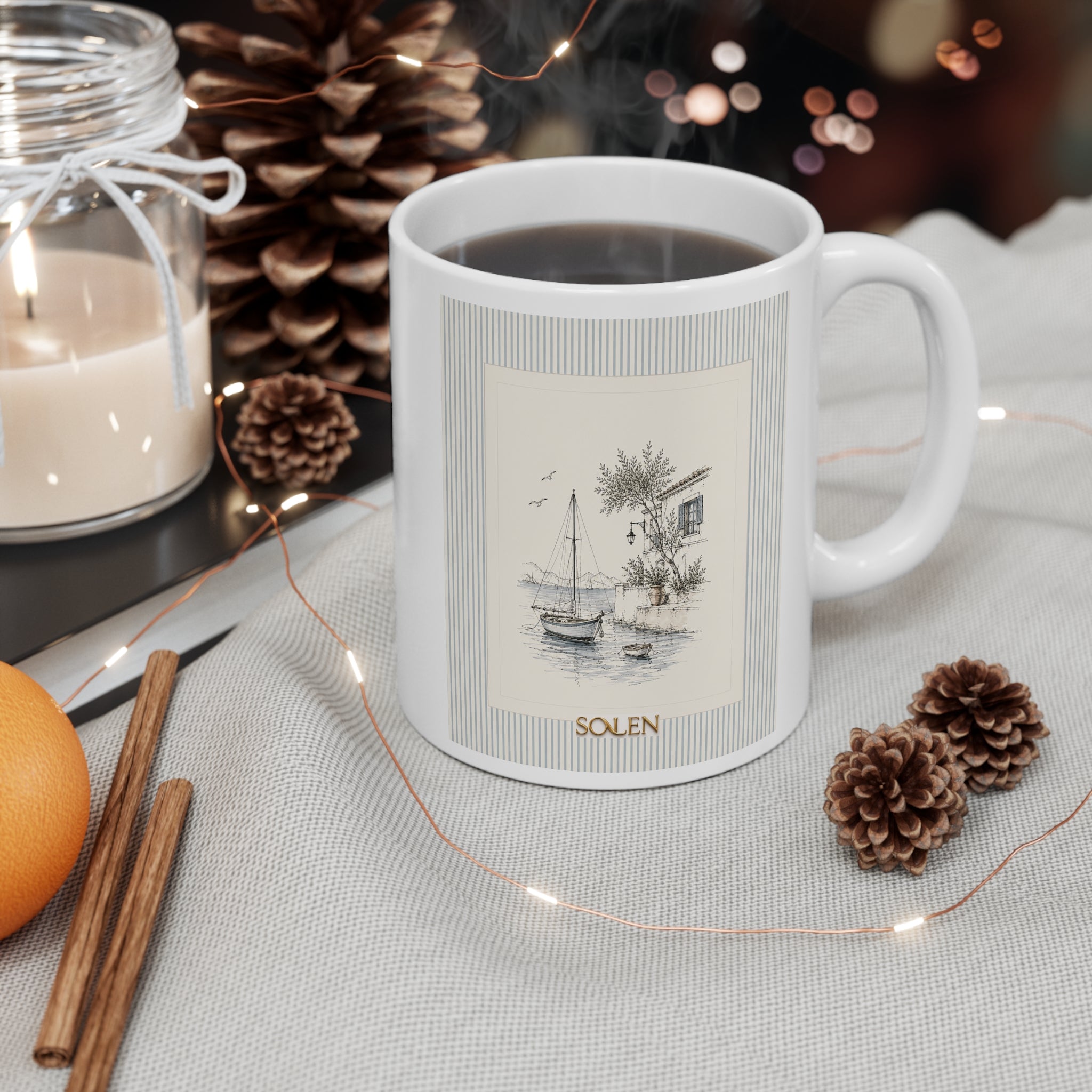 Mediterranean Sailboat Mug, Blue Striped Coastal Coffee Cup, Aegean Sea Ceramic Mug, Nautical Kitchen Decor, Coastal Gift