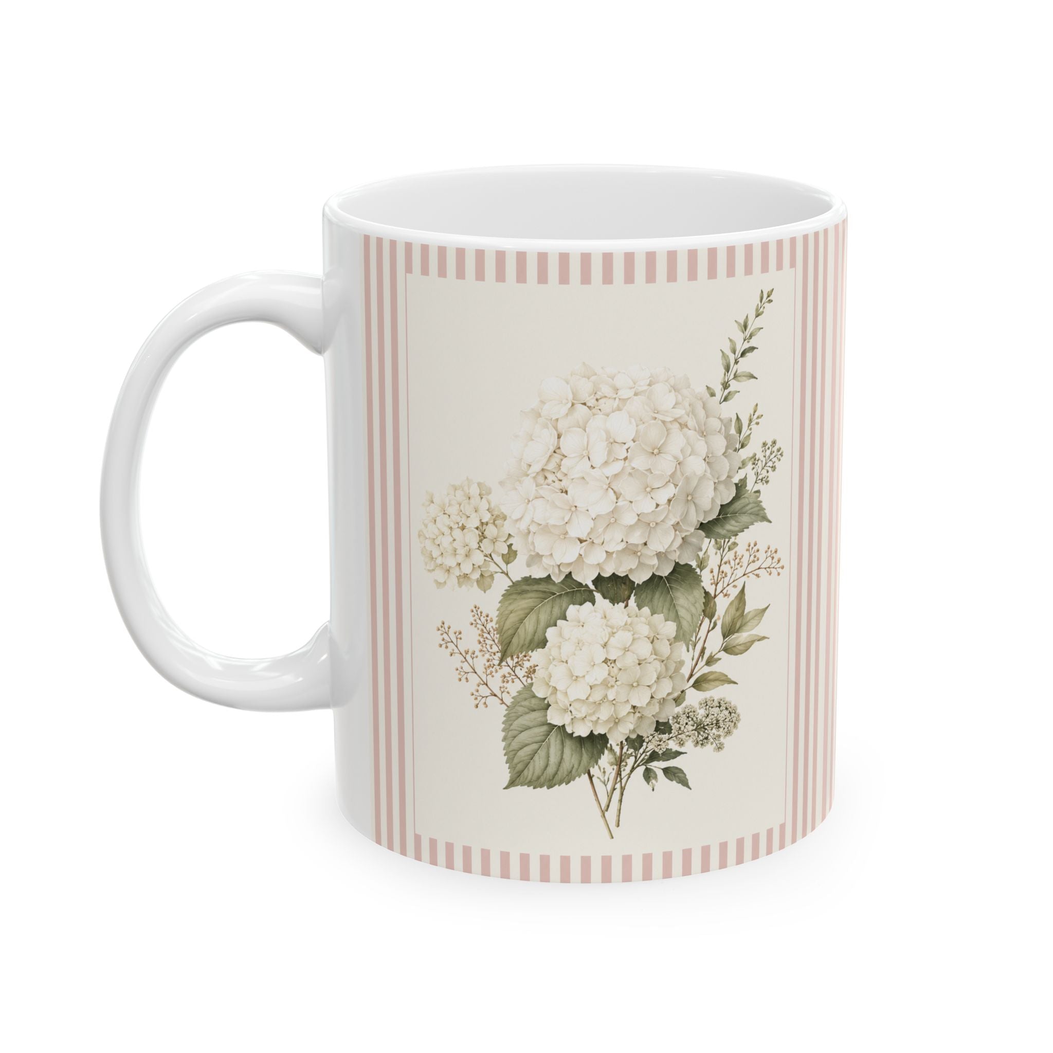 Vintage Floral Striped Ceramic Mug — Pink Rose Bouquet Coffee Cup