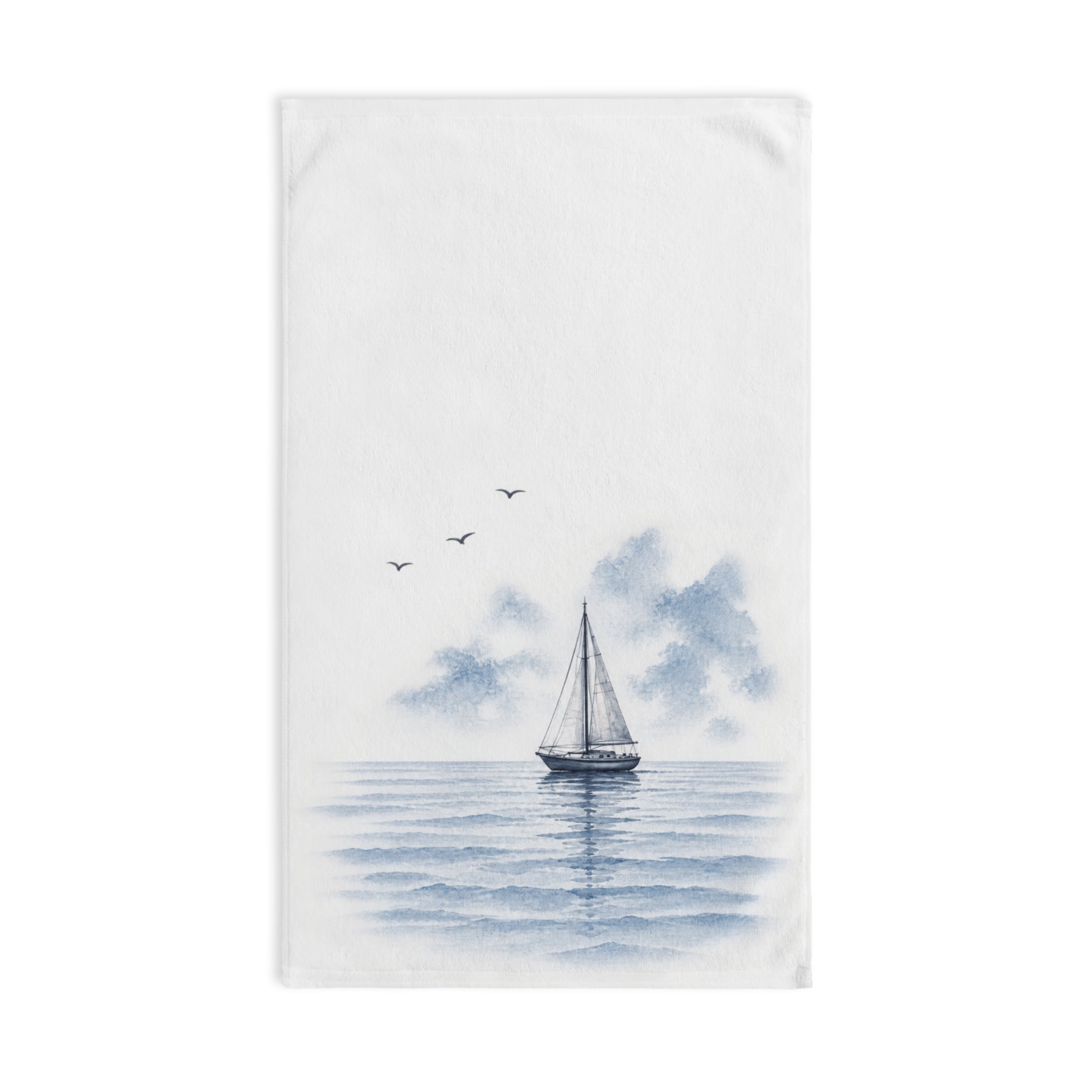 Watercolor Sailboat Hand Towel, Coastal Blue Nautical Bathroom Decor, Solen