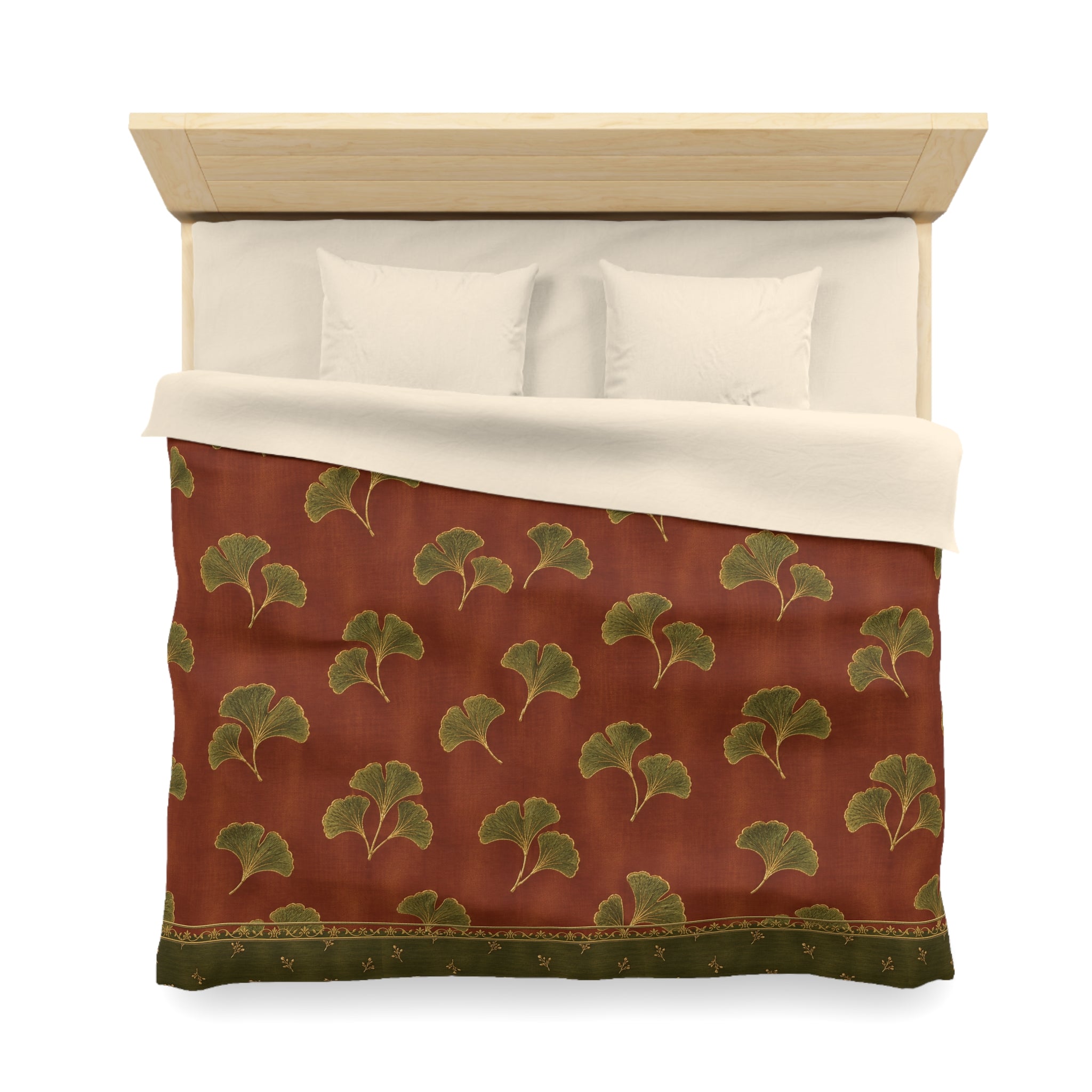 Rustic Ginkgo Leaf Microfiber Duvet Cover | Botanical Bedroom Decor, Green & Burgundy Quilt Cover