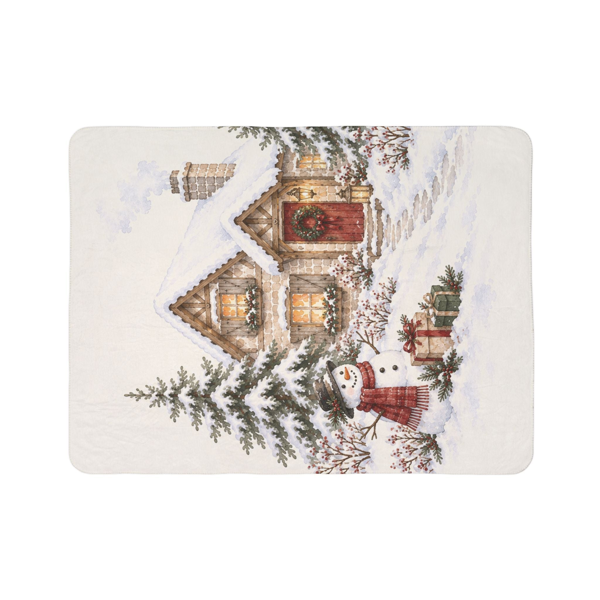 Snowy Cottage Sherpa Blanket — Cozy Christmas Cabin Throw with Snowman