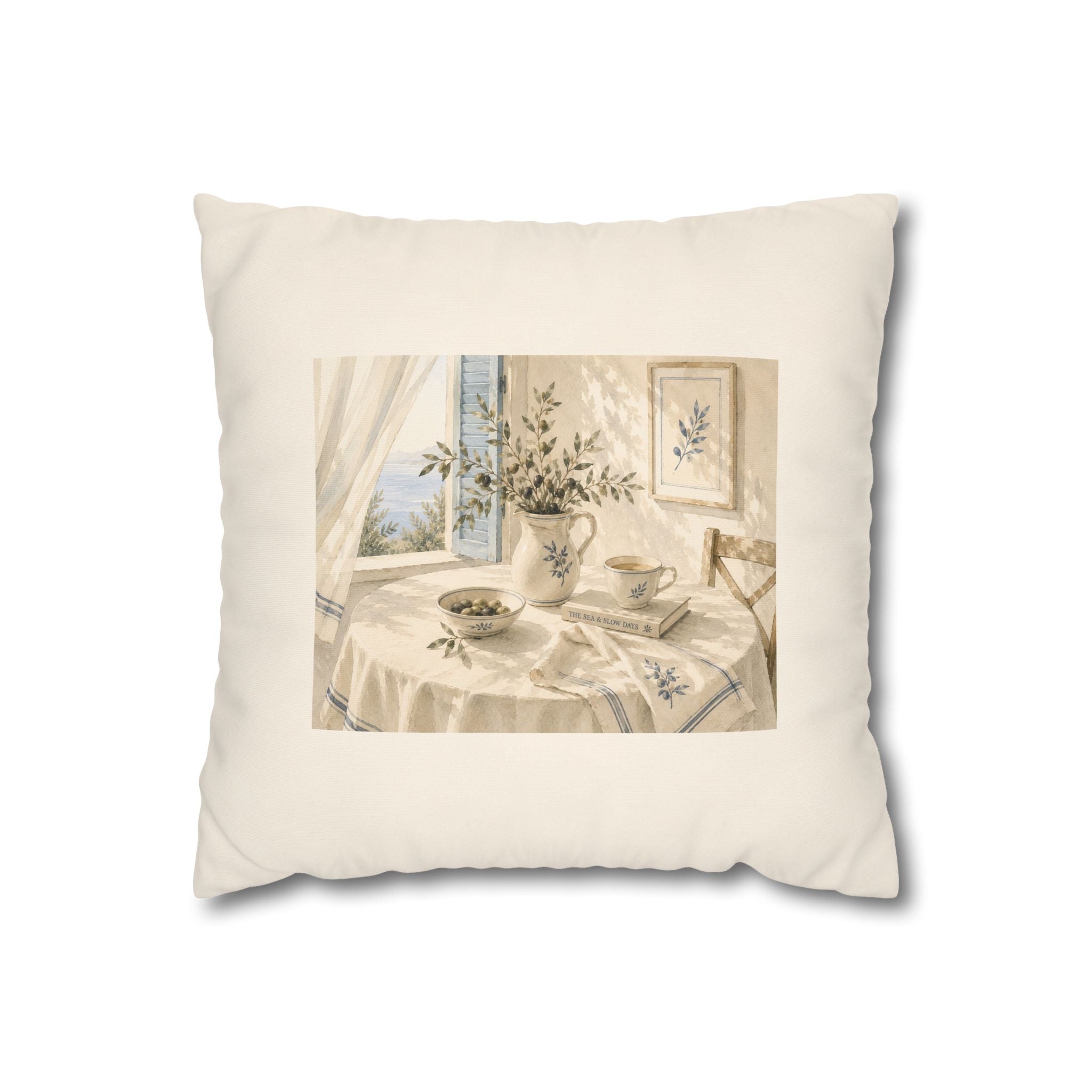 Window Stories Mediterranean Watercolor Throw Pillow - Coastal Blue Window - Solen