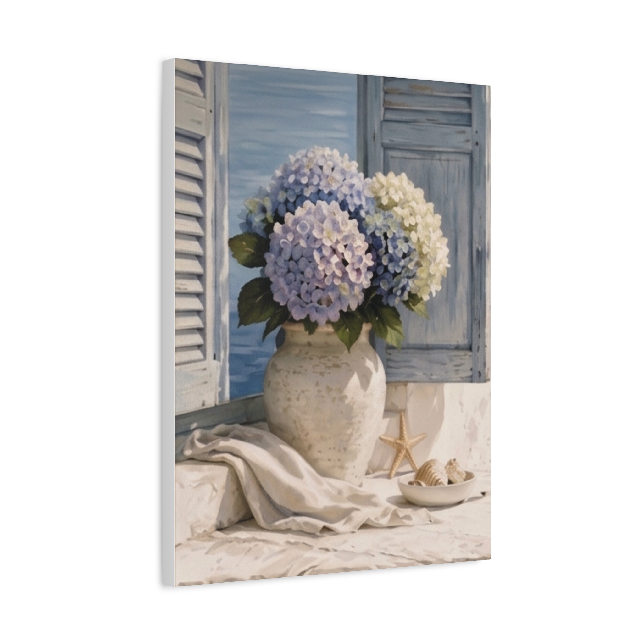 Coastal Hydrangea Canvas Wall Art, Blue Flowers by the Window Print, Mediterranean Seaside Decor, Botanical Living Room Art, Solen
