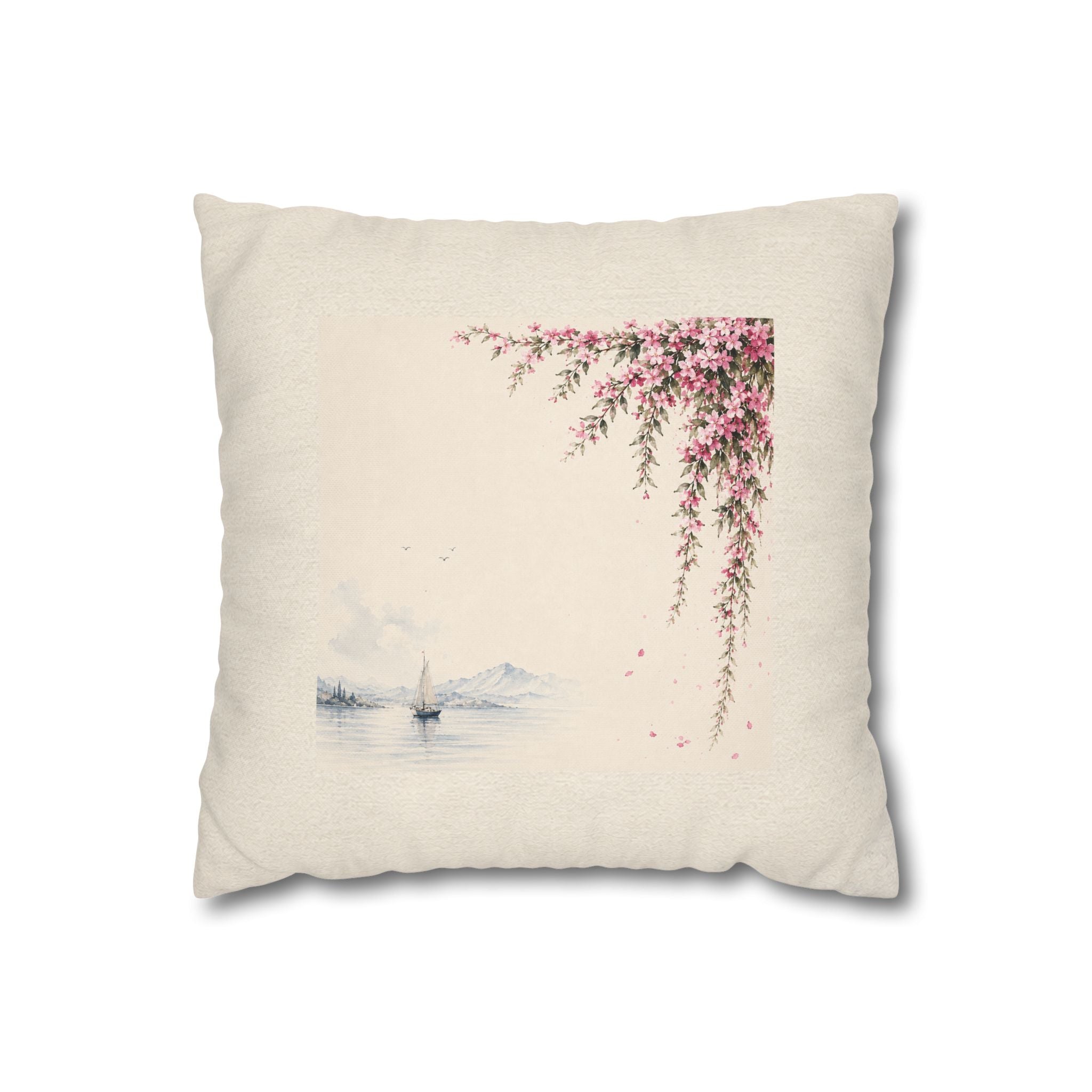 Watercolor Cherry Blossom Branch Throw Pillow Cover, Japanese Sakura Sailboat Cushion, Zen Minimalist Home Decor, Square Pillow, Solen
