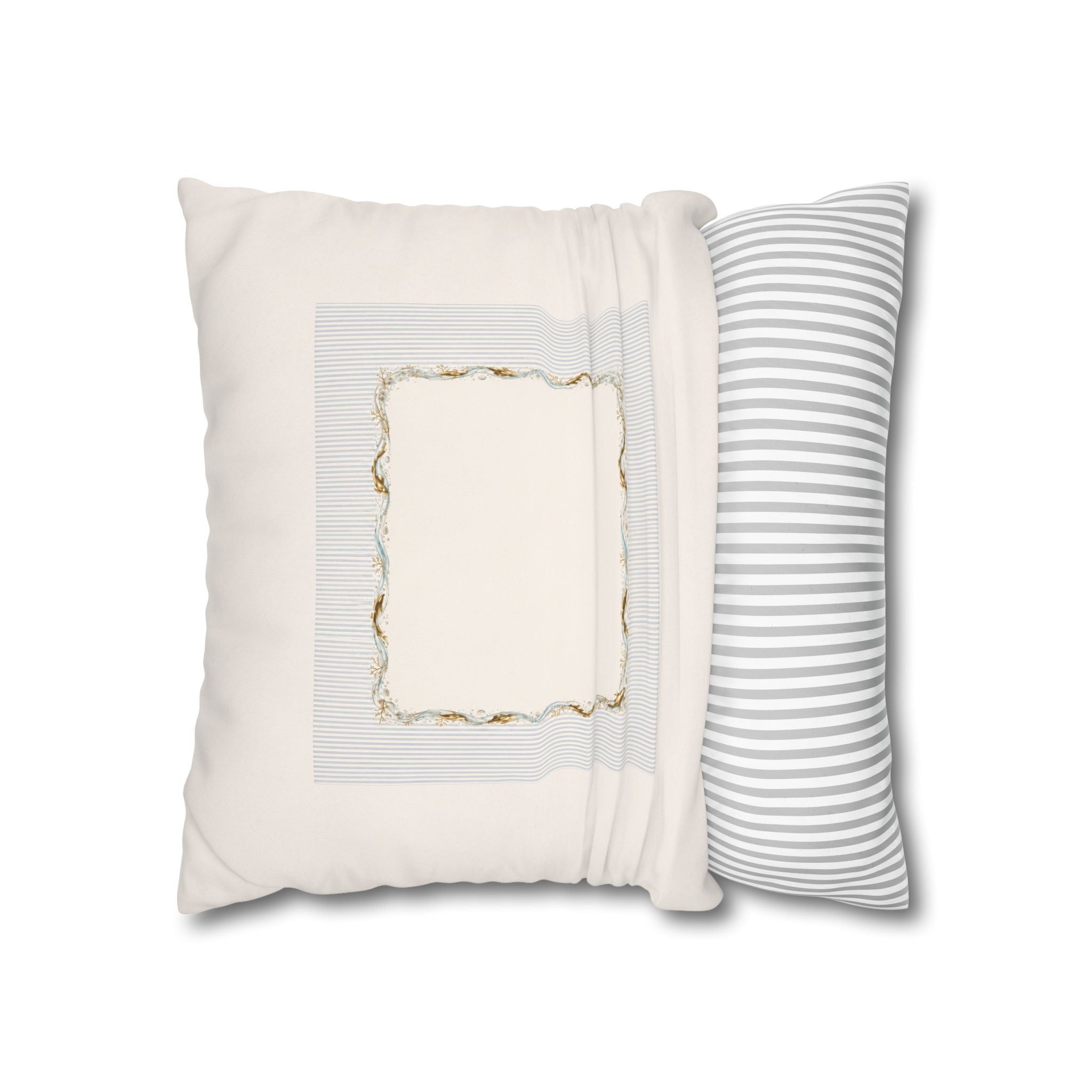 Embroidered Scalloped Edge Throw Pillow Cover, Blue & Gold Trim Decorative Cushion, French Country Farmhouse Home Decor, Square Pillow
