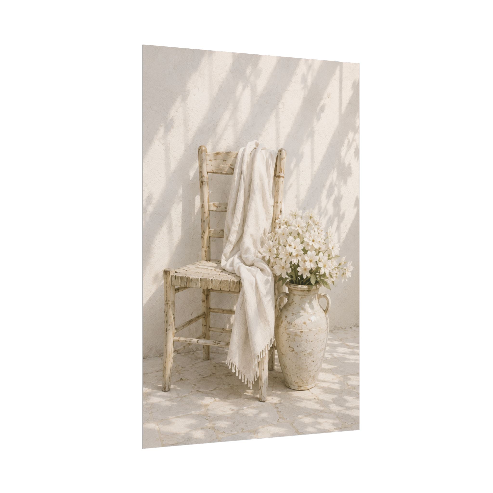 Mediterranean Poster, Neutral Coastal Wall Art, Rustic Chair & White Flowers Print, Minimalist Mediterranean Home Decor, Solen