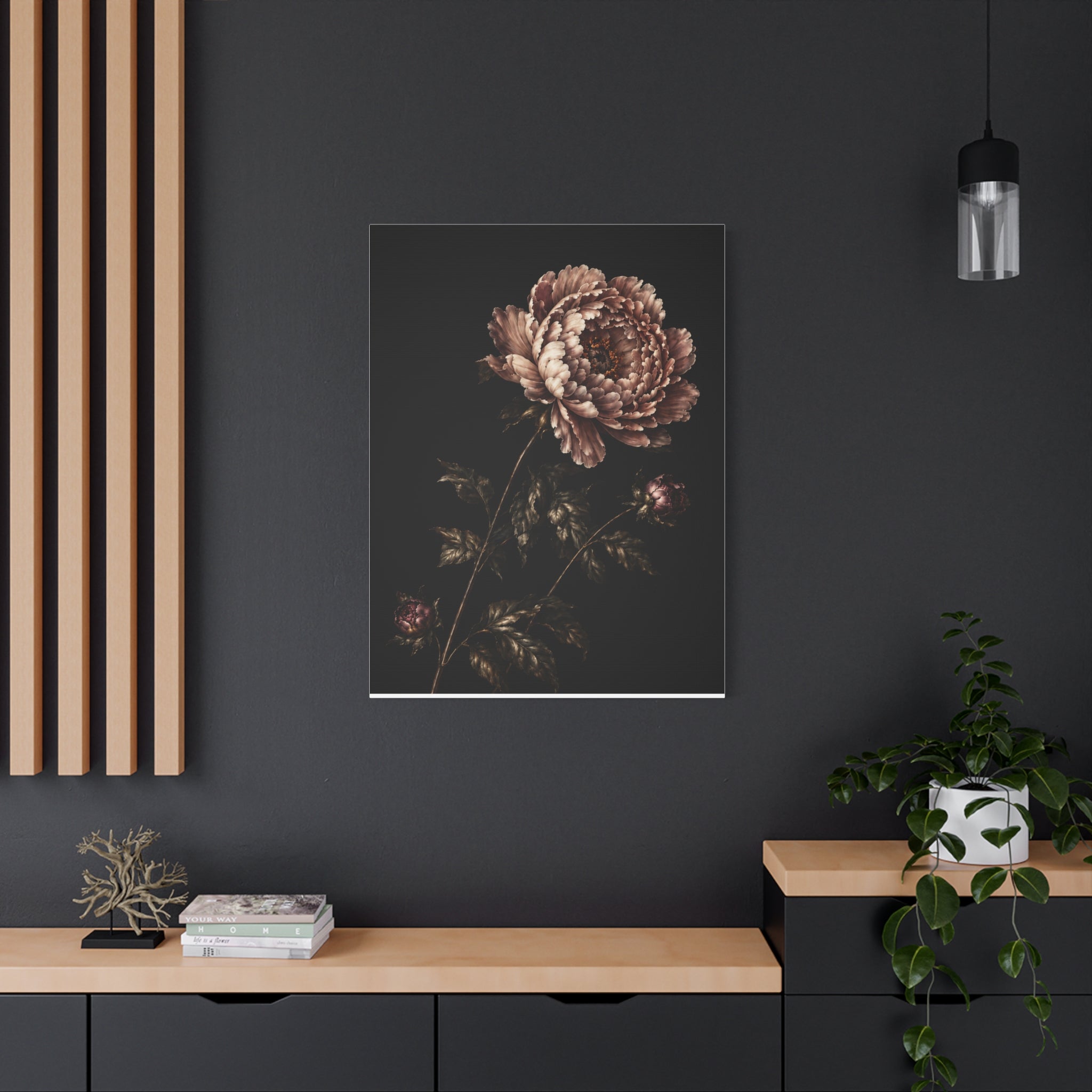 Blush Peony Canvas Wall Art, Velvet Botanical Print on Black, Romantic Floral Painting, Elegant Peony Wall Decor, Solen