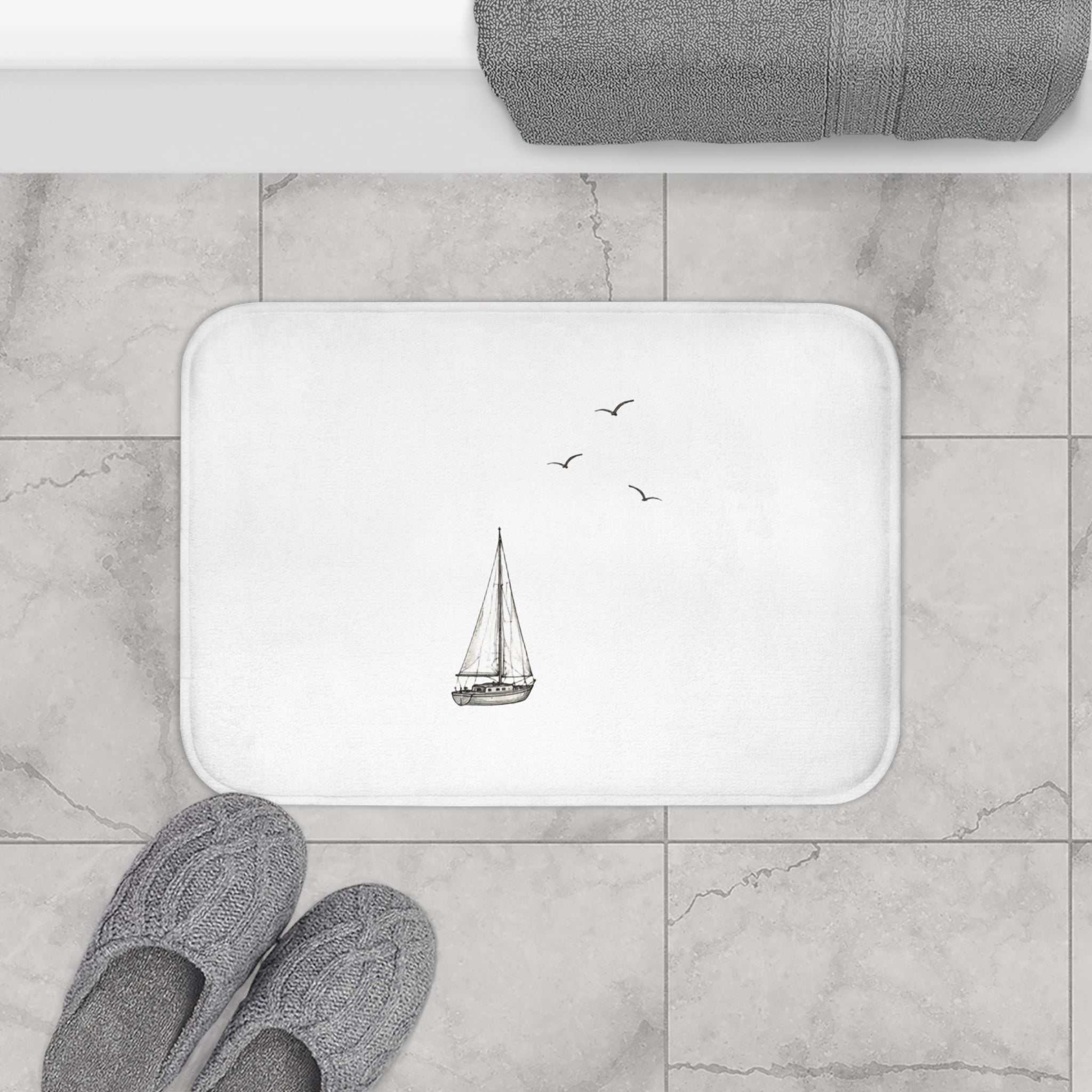 Sailboat Sketch Bath Mat — Nautical Bathroom Rug - Solen