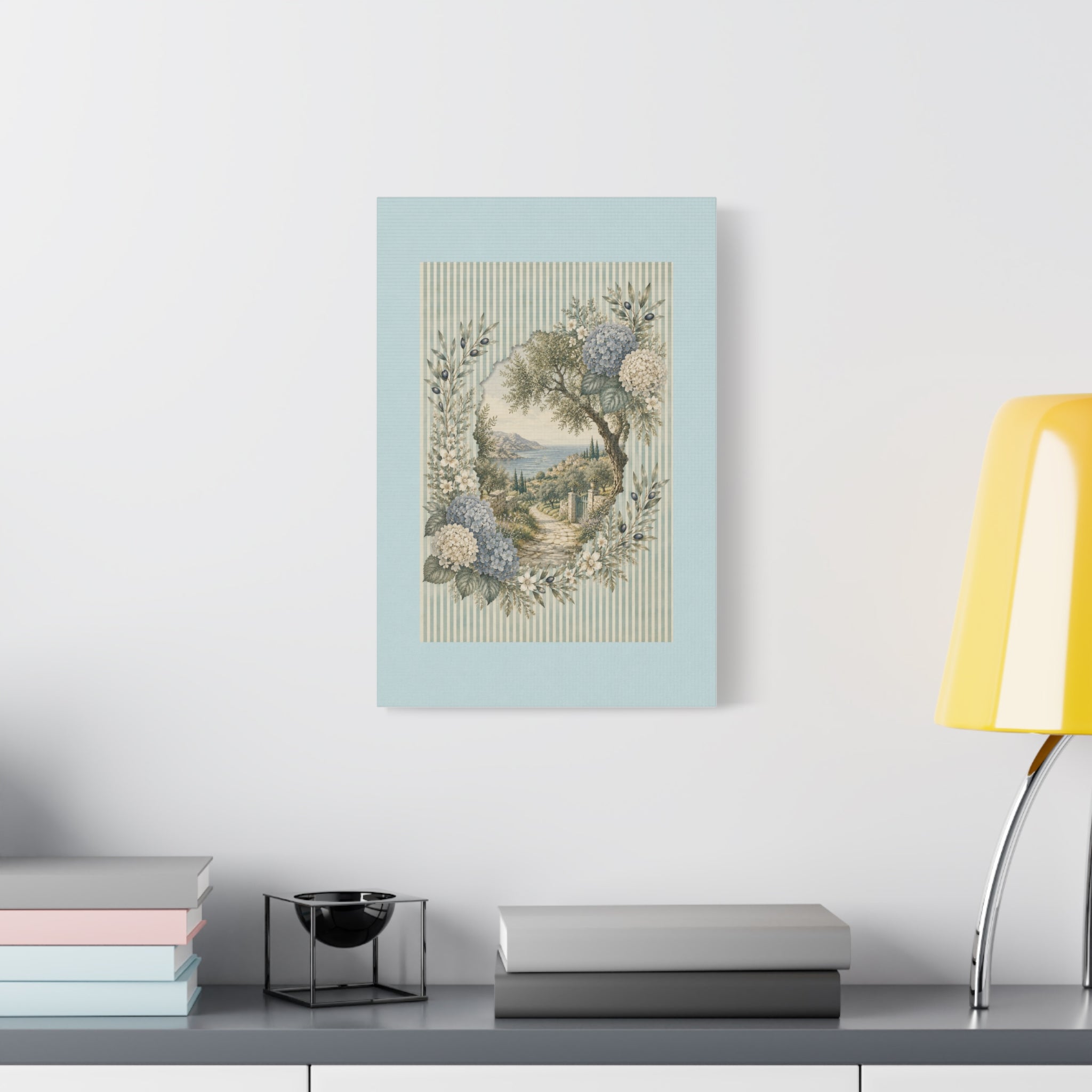 Coastal Garden Canvas Wall Art, Vintage Hydrangea Seaside Landscape Print, Blue Flower Coastal Decor, Cottage Wall Art, Solen
