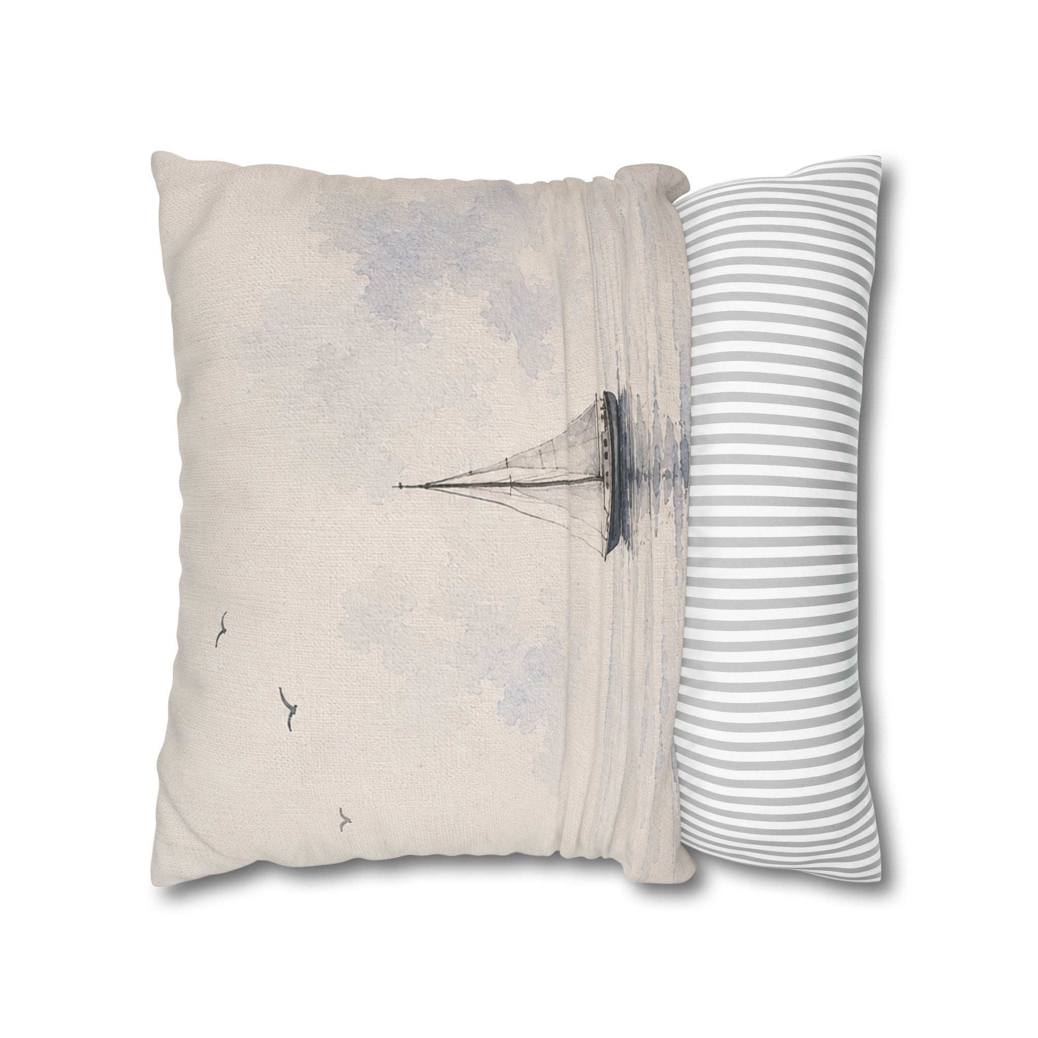 Watercolor Sailboat Throw Pillow Cover, Misty Blue Coastal Nautical Cushion, Muted Sailing Scene Home Decor, Square Pillow, Solen