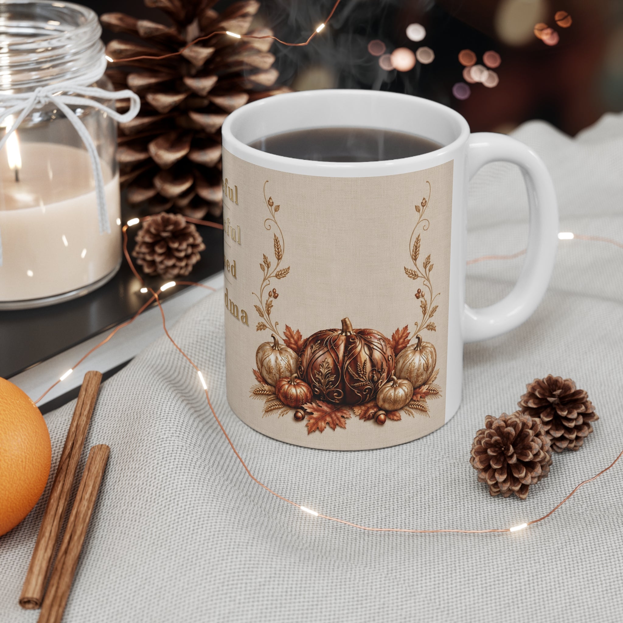 Grateful Thankful Blessed Grandma Mug, Thanksgiving Gift for Grandma, Pumpkin Fall Coffee Mug, Vintage Autumn Ceramic Cup