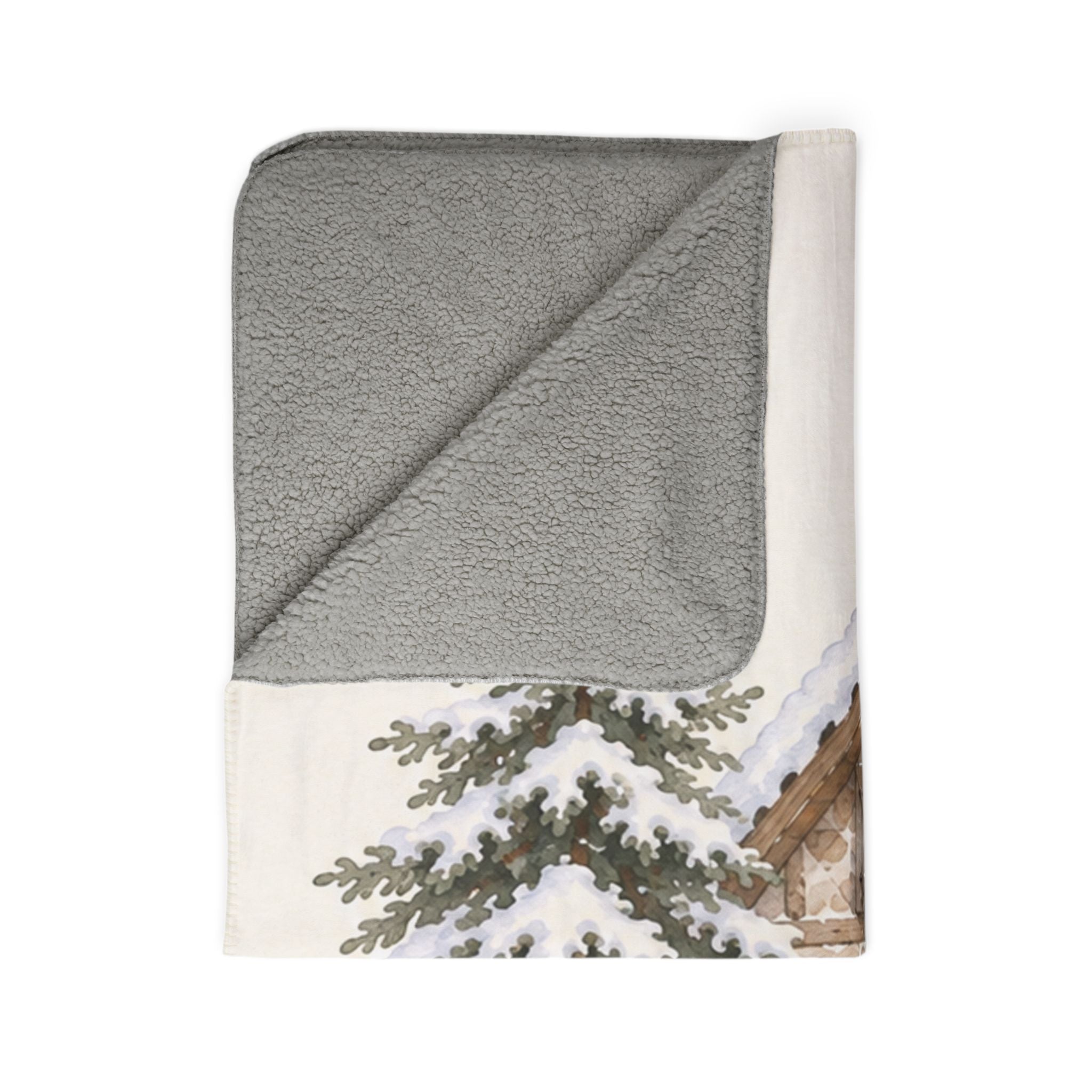 Snowy Cottage Sherpa Blanket — Cozy Christmas Cabin Throw with Snowman