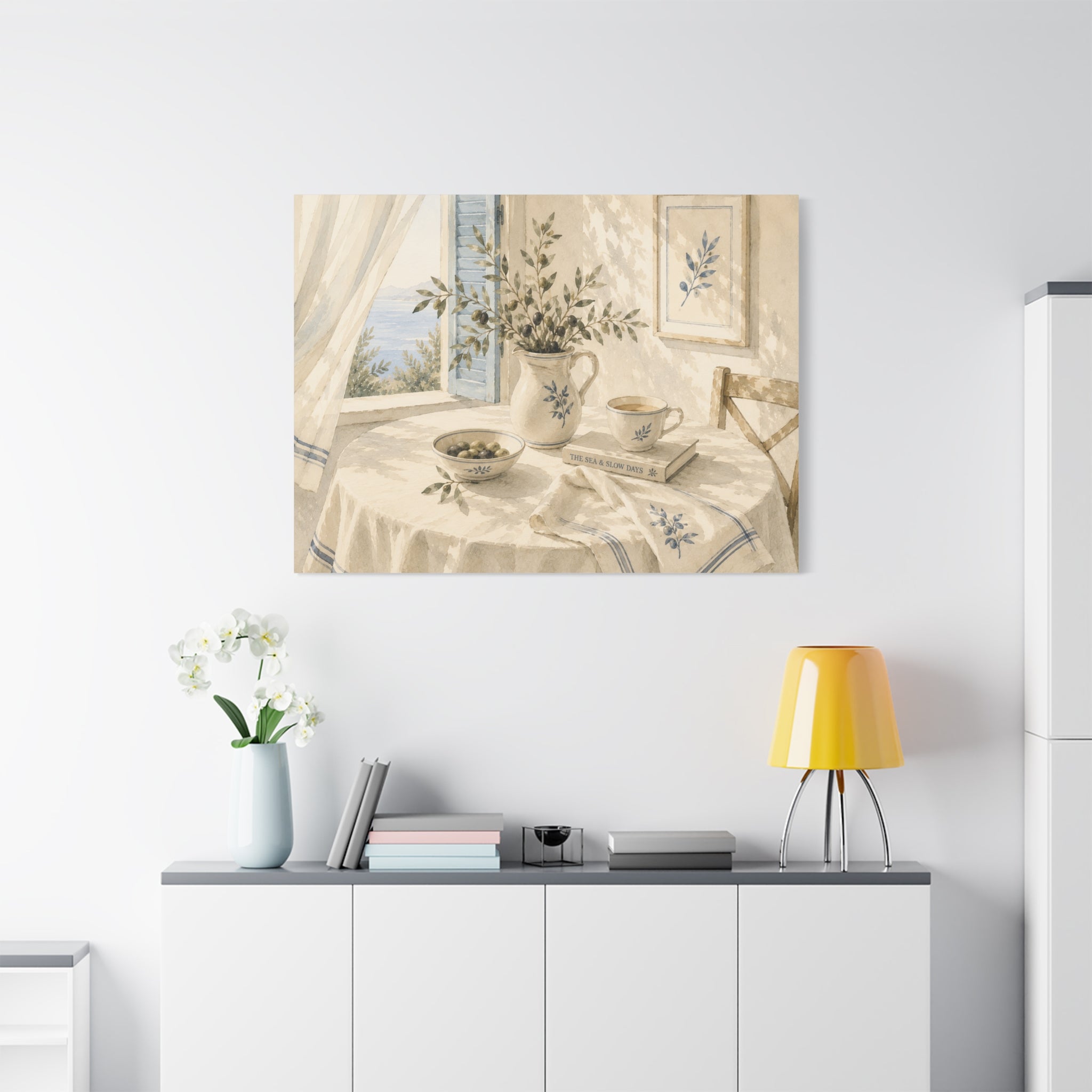 The Sea & Slow Days Canvas Wall Art, Mediterranean Watercolor Print, Calm Coastal Living Room Decor, Quiet Seaside Art, Solen