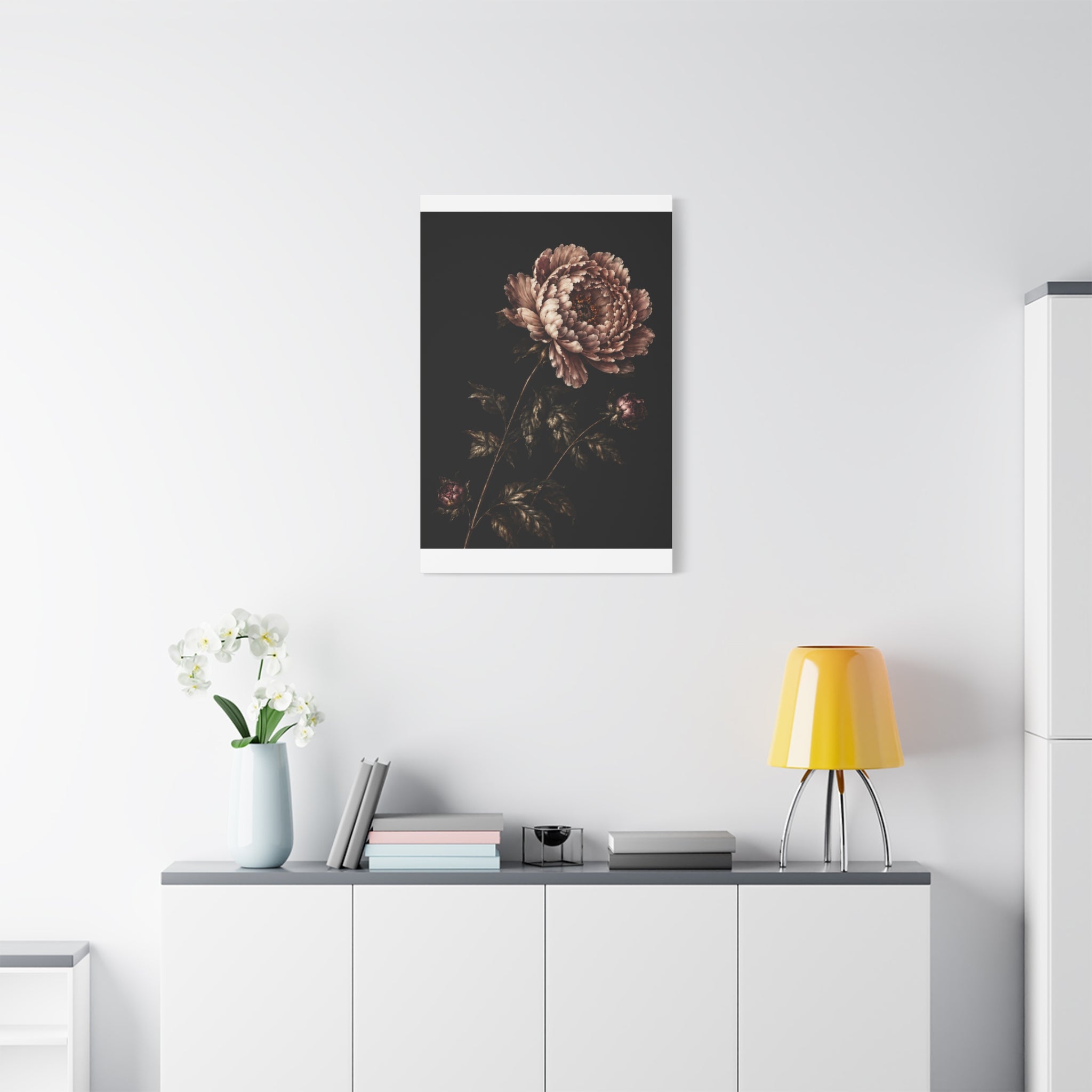 Blush Peony Canvas Wall Art, Velvet Botanical Print on Black, Romantic Floral Painting, Elegant Peony Wall Decor, Solen