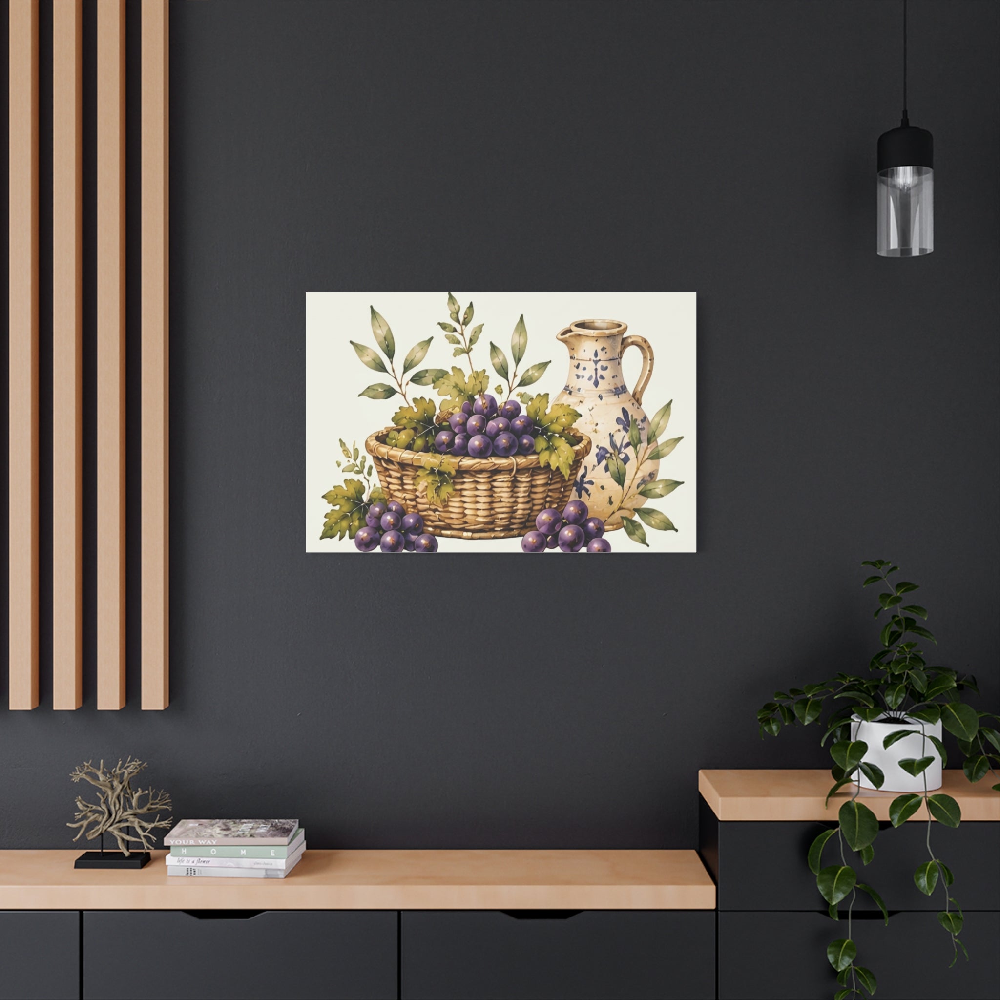 Grapes & Pitcher Matte Canvas Wall Art, Rustic Tuscan Kitchen Decor, Vintage Fruit Still Life Print, Dining Room Art, Solen