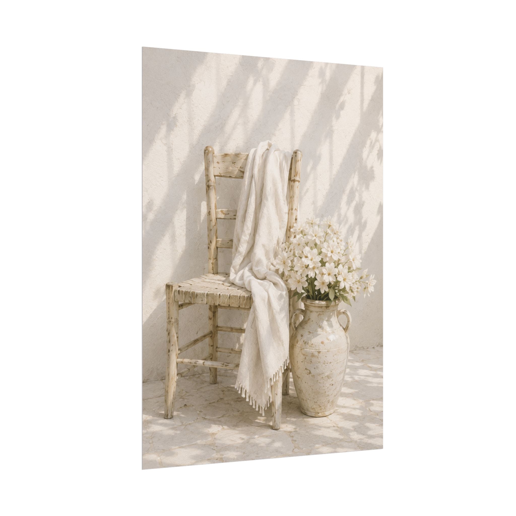 Mediterranean Poster, Neutral Coastal Wall Art, Rustic Chair & White Flowers Print, Minimalist Mediterranean Home Decor, Solen
