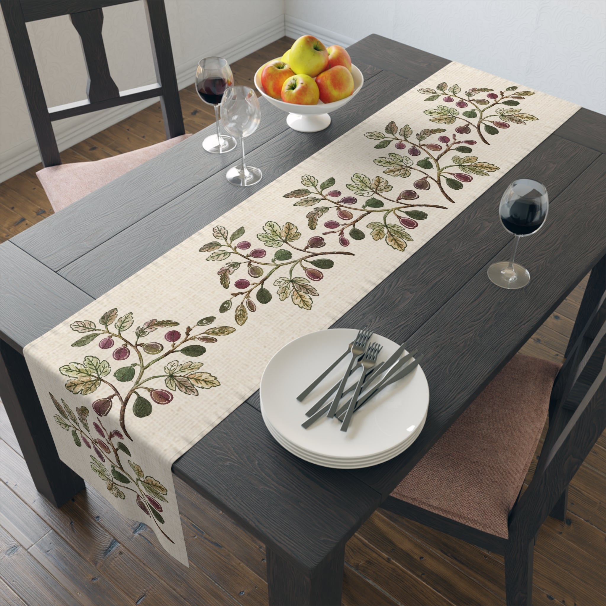 Fig Branch Botanical Table Runner, Cotton Mediterranean Runner, Neutral Fig Tree Kitchen Decor, Rustic Dining Linen, Solen