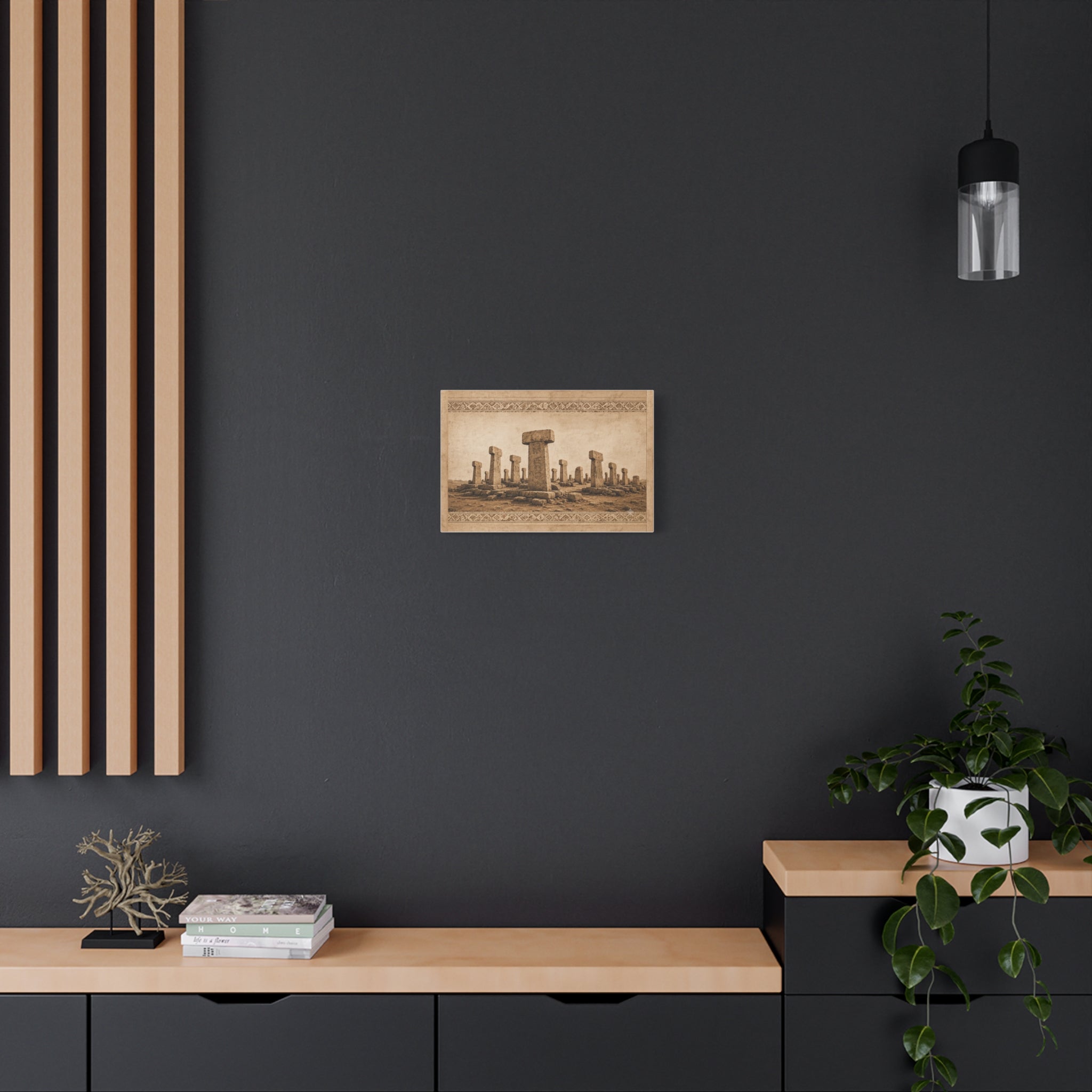 Göbeklitepe Wall Art Canvas, Ancient Stone Pillars Print, Sepia Archaeological Landscape, Anatolian Border Design, Large Wall Decor, Solen