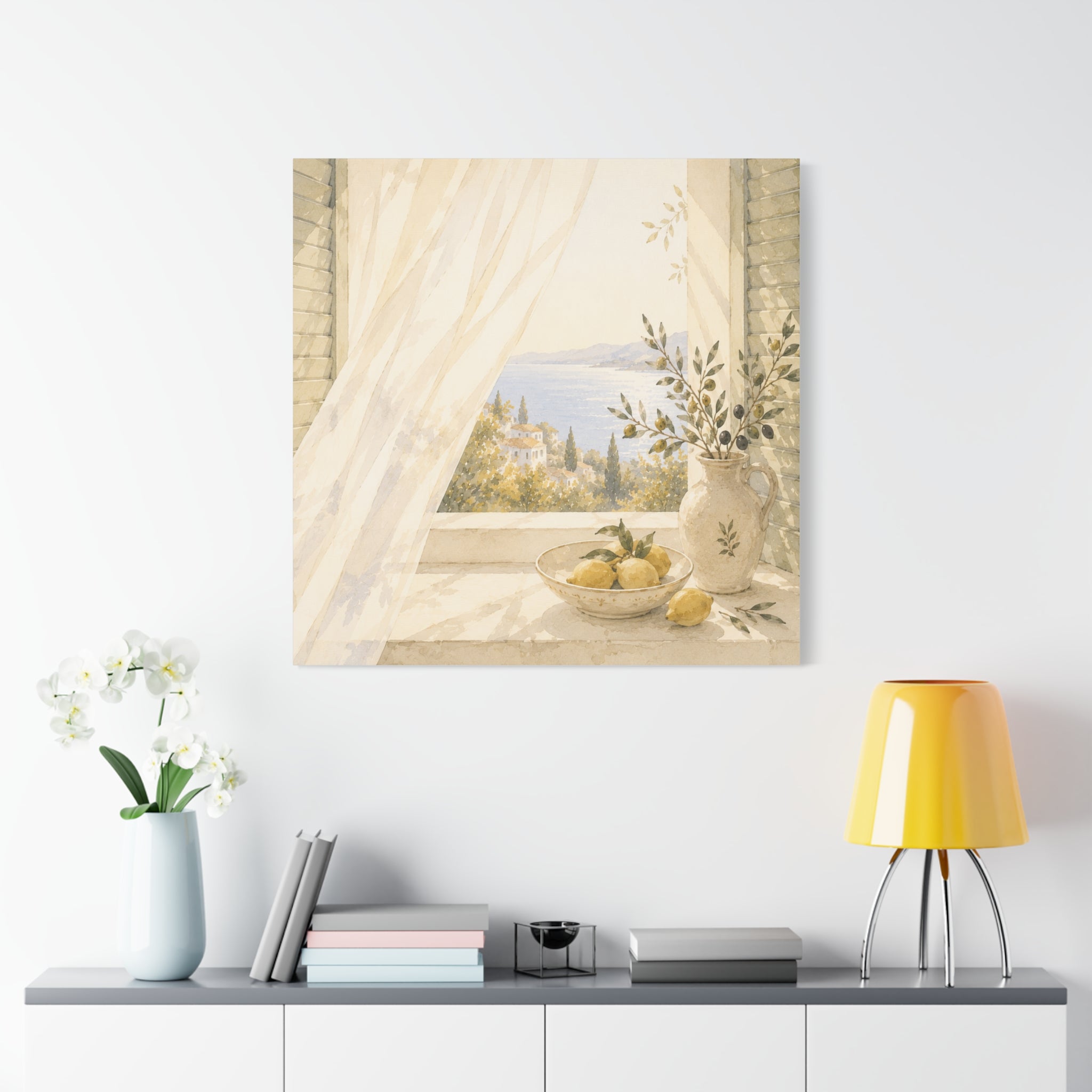 Golden Morning Window Canvas Wall Art, Mediterranean Lemon & Olive Print, Sunlit Linen Curtain Coastal Decor, Window Stories, Solen