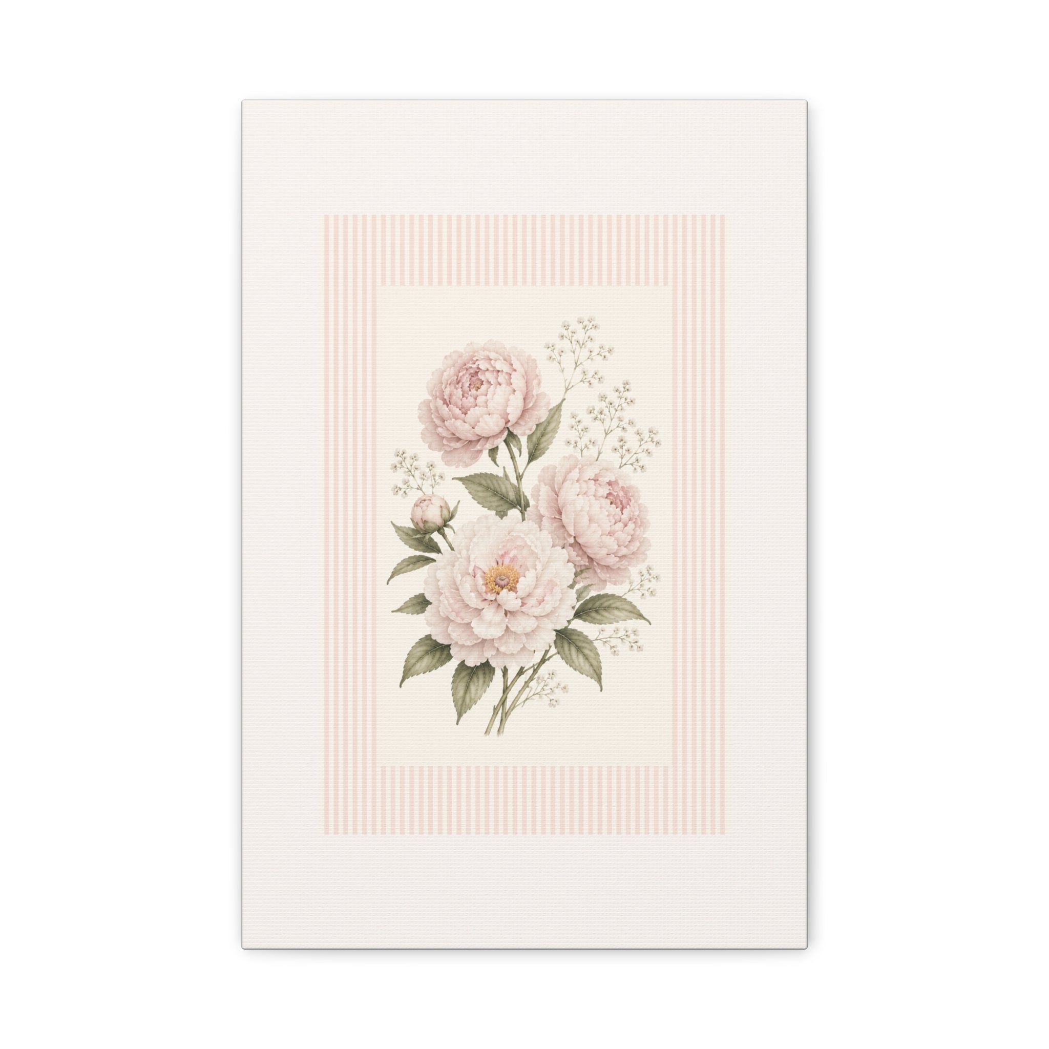 Ivory Peony Wall Art Print | Vintage Botanical Illustration | Blush Pink Striped Border | Atelier Solen Collection | Soft Floral Decor, Solen