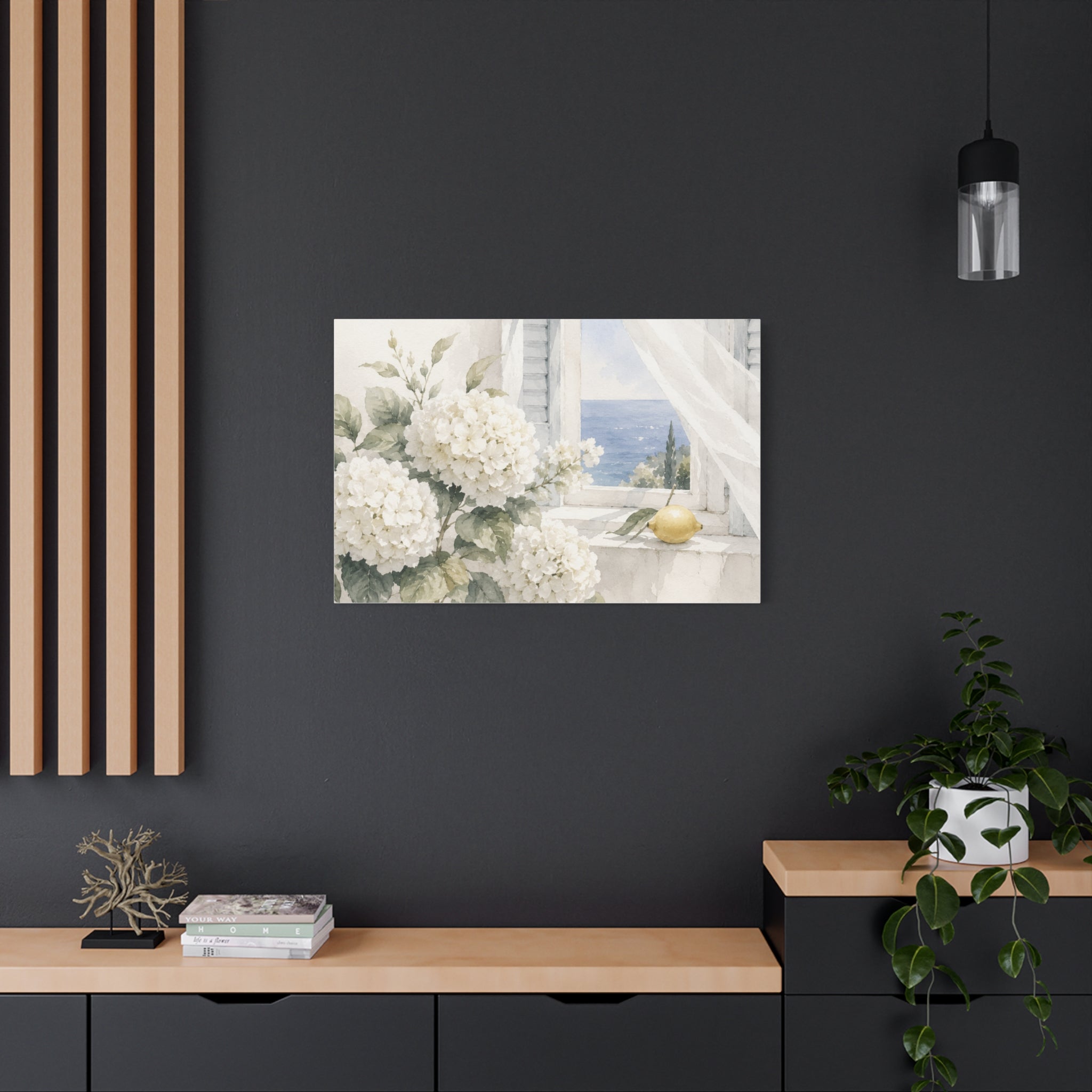 White Summer Window Canvas Wall Art, Hydrangea & Sea Watercolor Print, Coastal Cottage Bedroom Decor, Blue Seaside Art, Solen